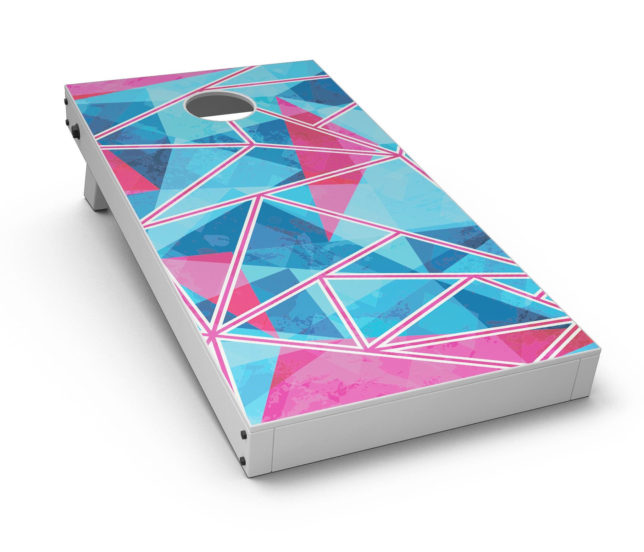 Vivid blue and pink sharp shapes vinyl decal kit for Cornhole boards, showcasing vibrant colors and patterns.