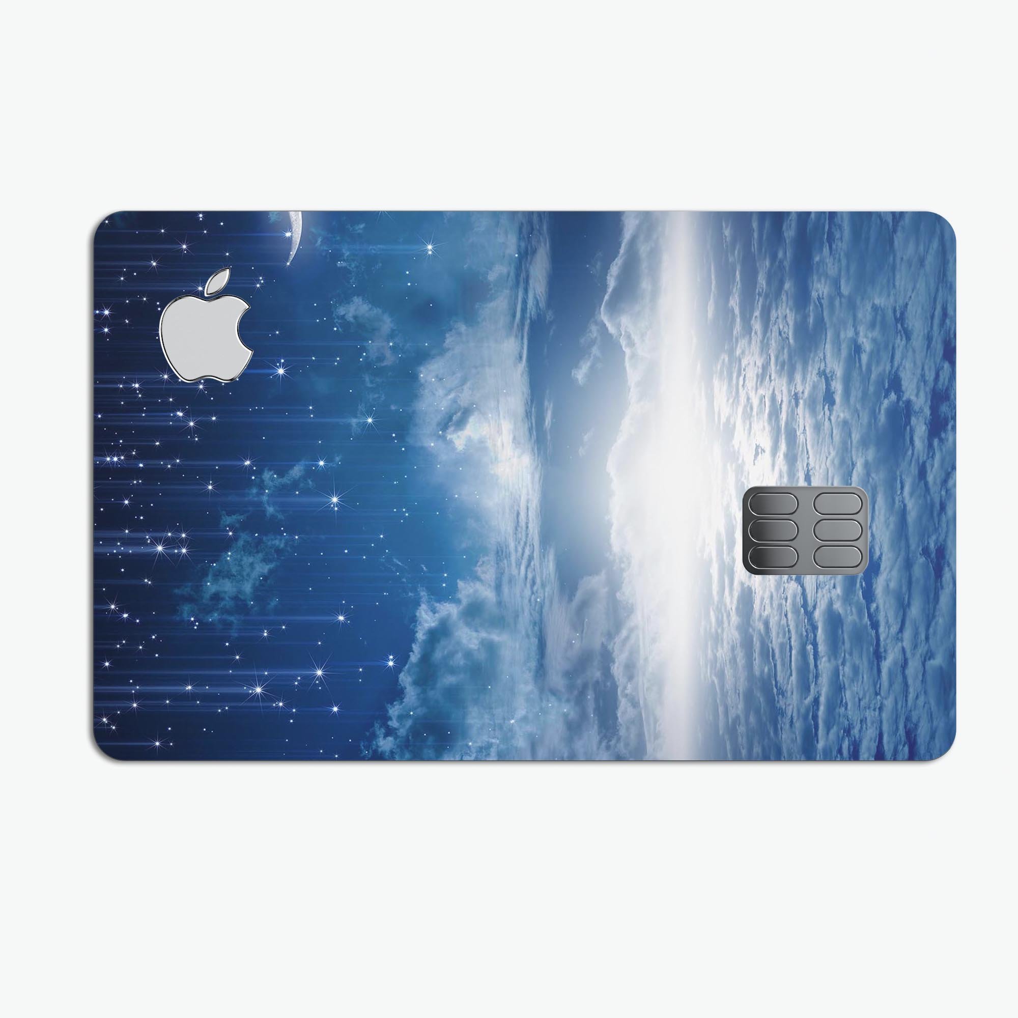 Vivid Blue Falling Stars decal on an Apple Card, showcasing a stylish design that protects the card.