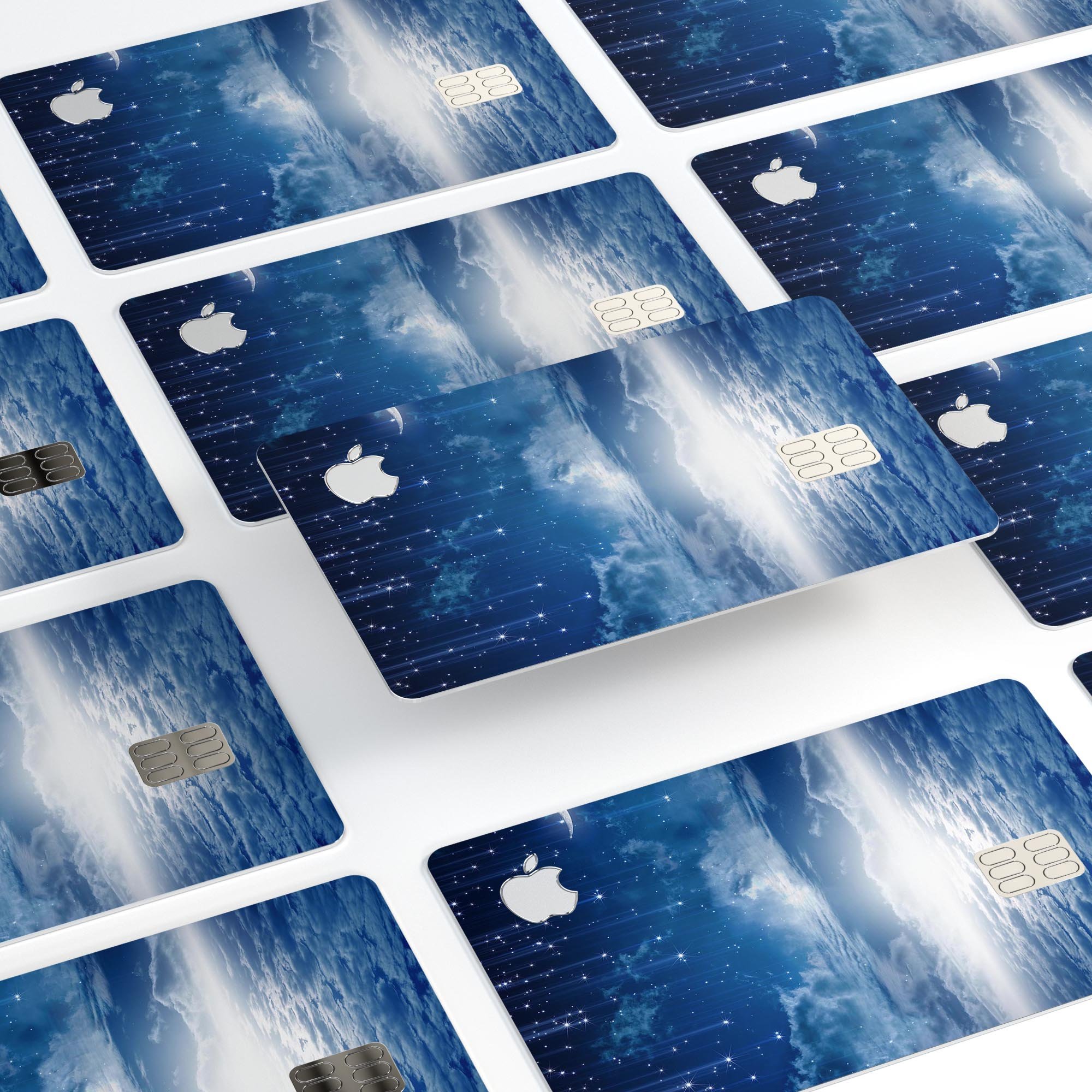 Vivid Blue Falling Stars decal on an Apple Card, showcasing a stylish design that protects the card.