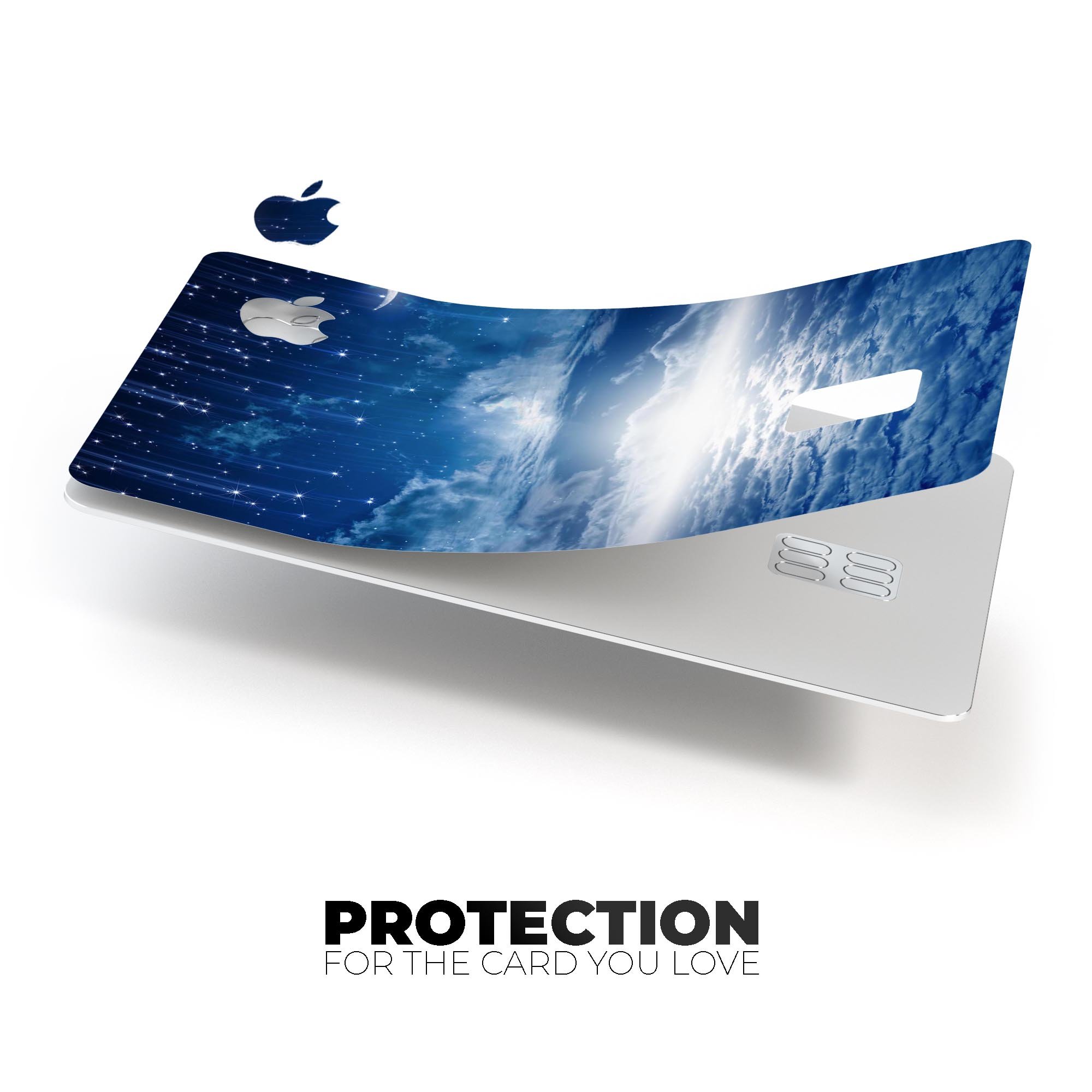 Vivid Blue Falling Stars decal on an Apple Card, showcasing a stylish design that protects the card.
