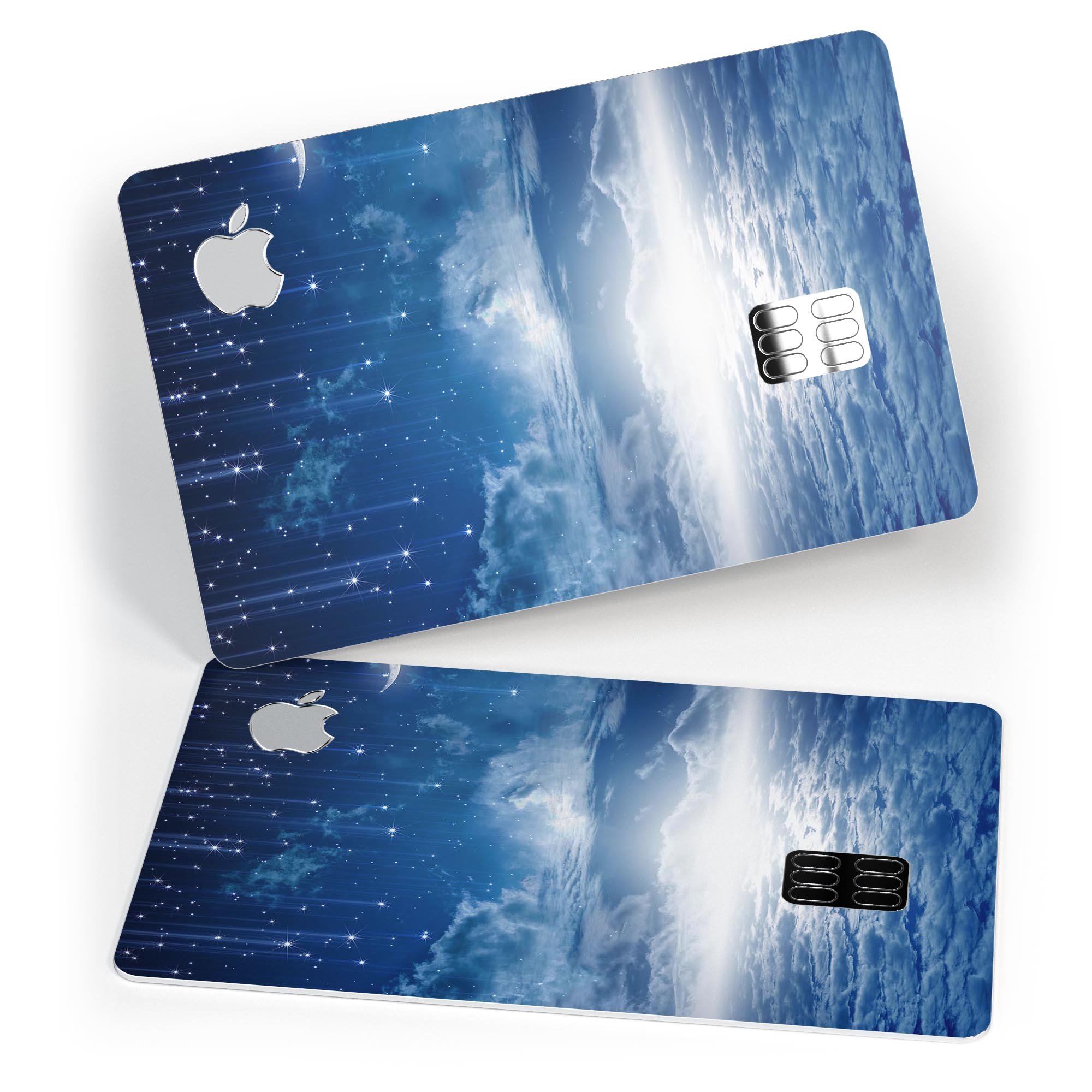 Vivid Blue Falling Stars decal on an Apple Card, showcasing a stylish design that protects the card.
