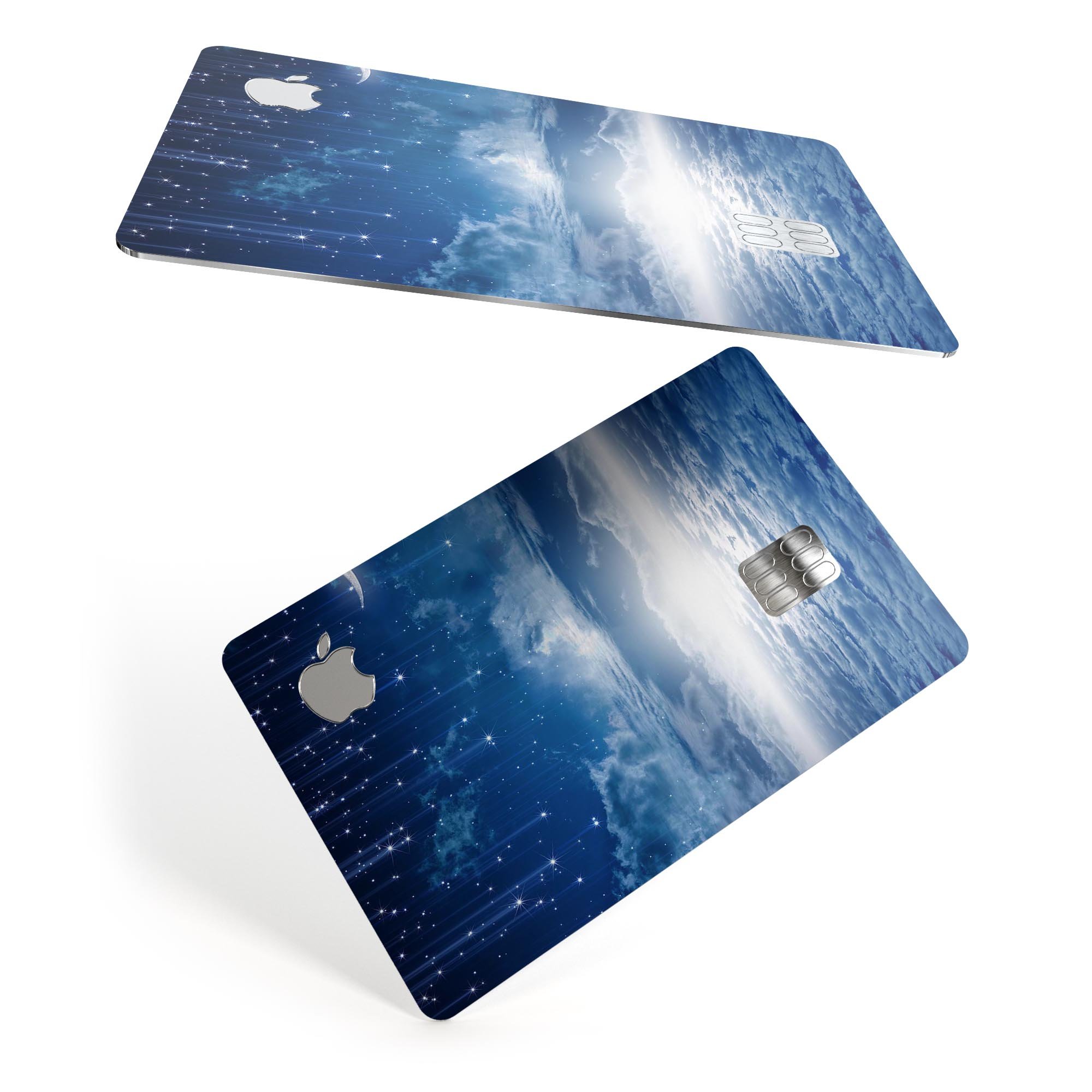 Vivid Blue Falling Stars decal on an Apple Card, showcasing a stylish design that protects the card.