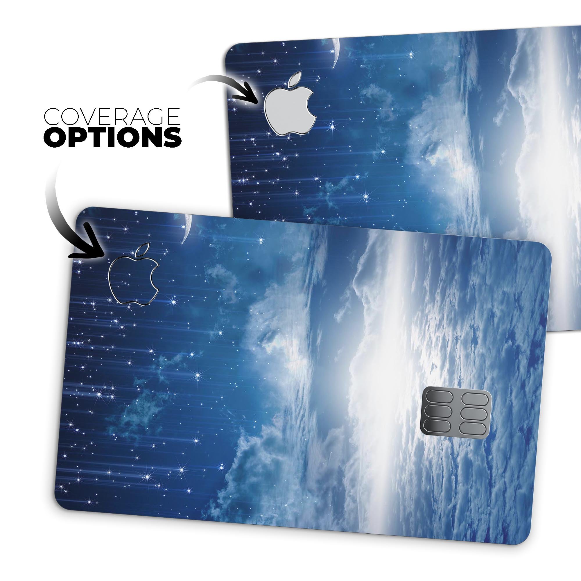 Vivid Blue Falling Stars decal on an Apple Card, showcasing a stylish design that protects the card.