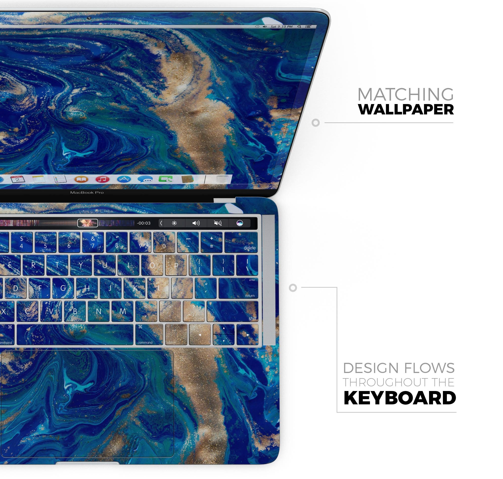 Vivid Blue Gold Acrylic Skin Decal Wrap Kit for MacBook, showcasing a vibrant design with a glossy finish.
