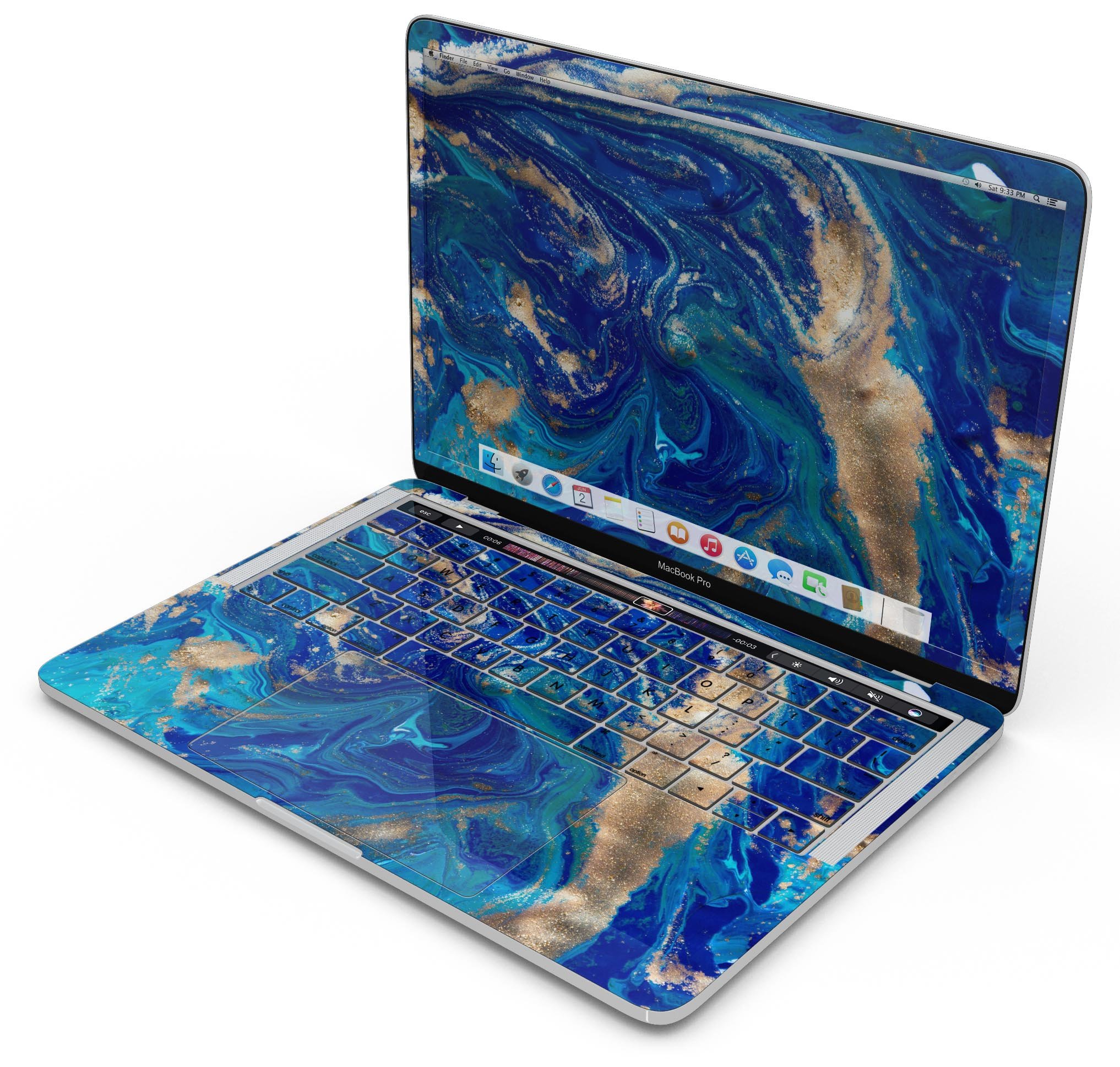 Vivid Blue Gold Acrylic Skin Decal Wrap Kit for MacBook, showcasing a vibrant design with a glossy finish.