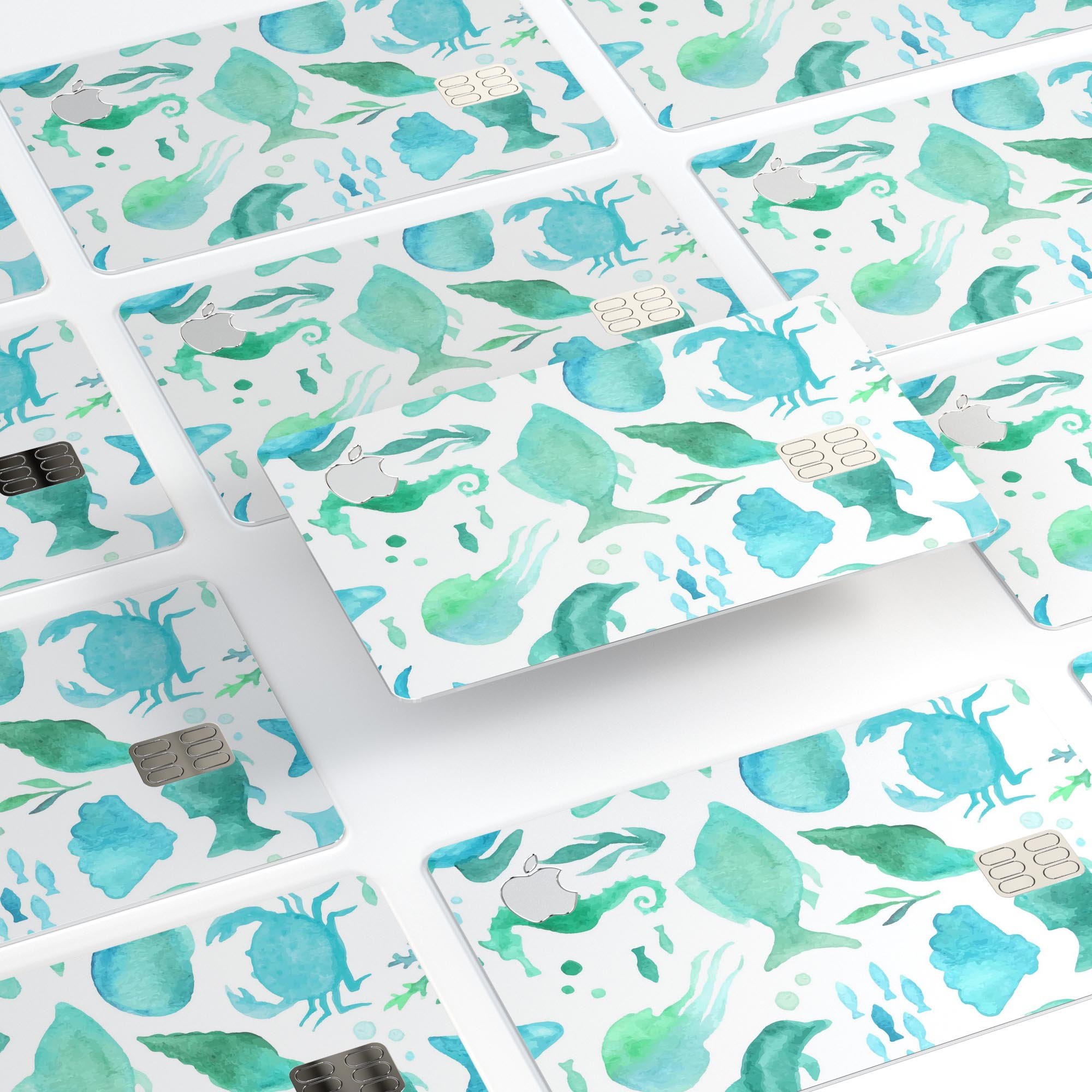 Vivid Blue Watercolor Sea Creatures decal on an Apple Card, showcasing vibrant colors and a protective design.