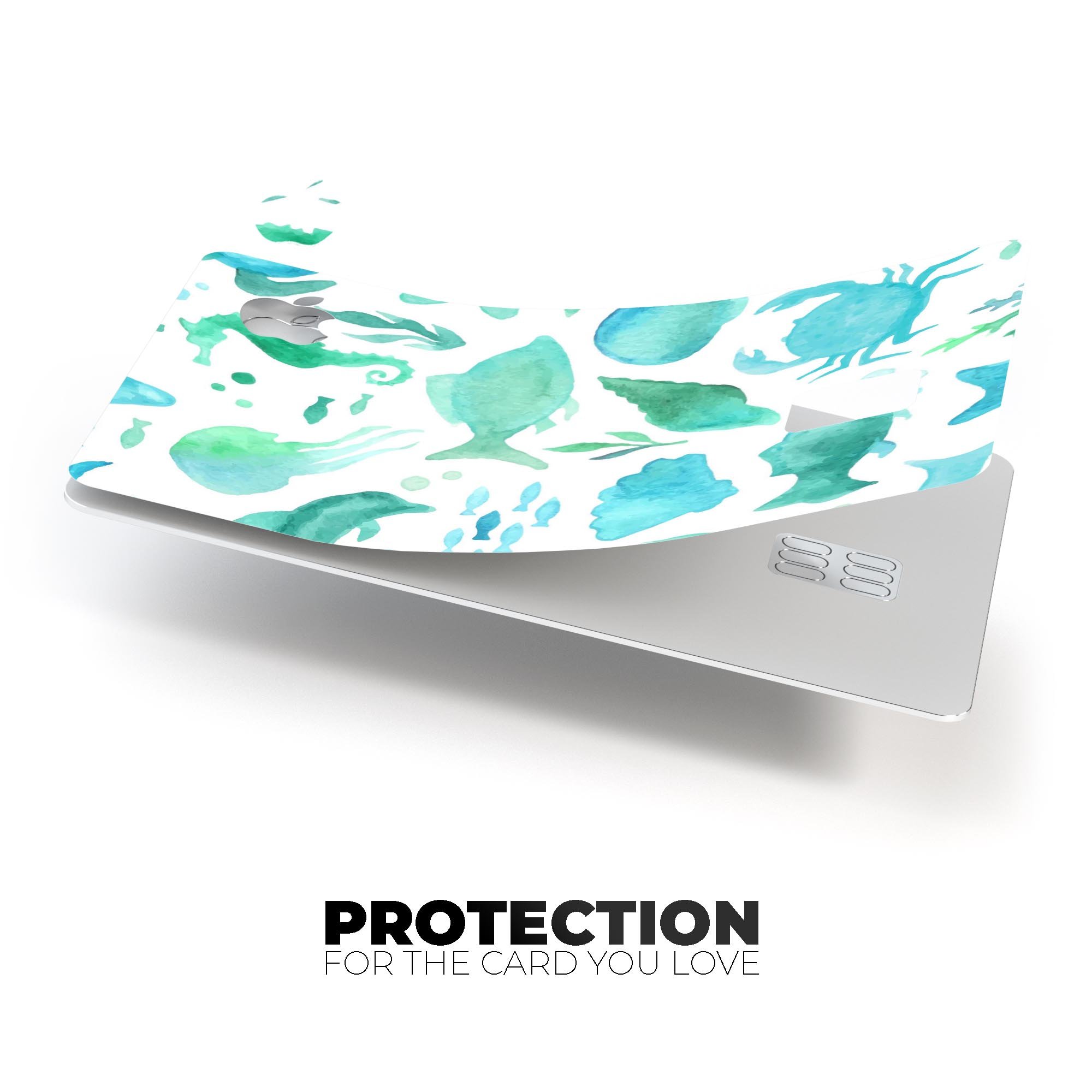 Vivid Blue Watercolor Sea Creatures decal on an Apple Card, showcasing vibrant colors and a protective design.