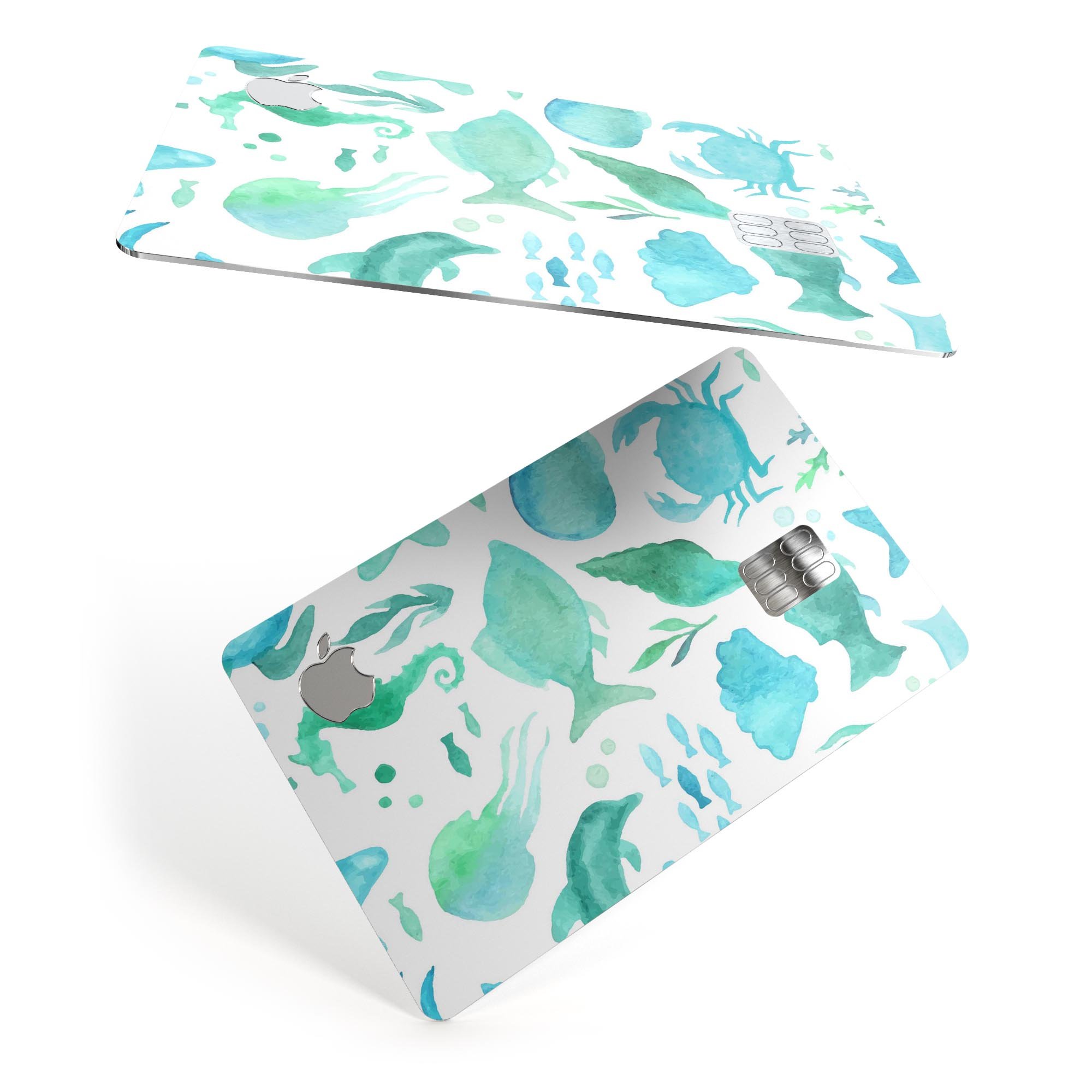 Vivid Blue Watercolor Sea Creatures decal on an Apple Card, showcasing vibrant colors and a protective design.