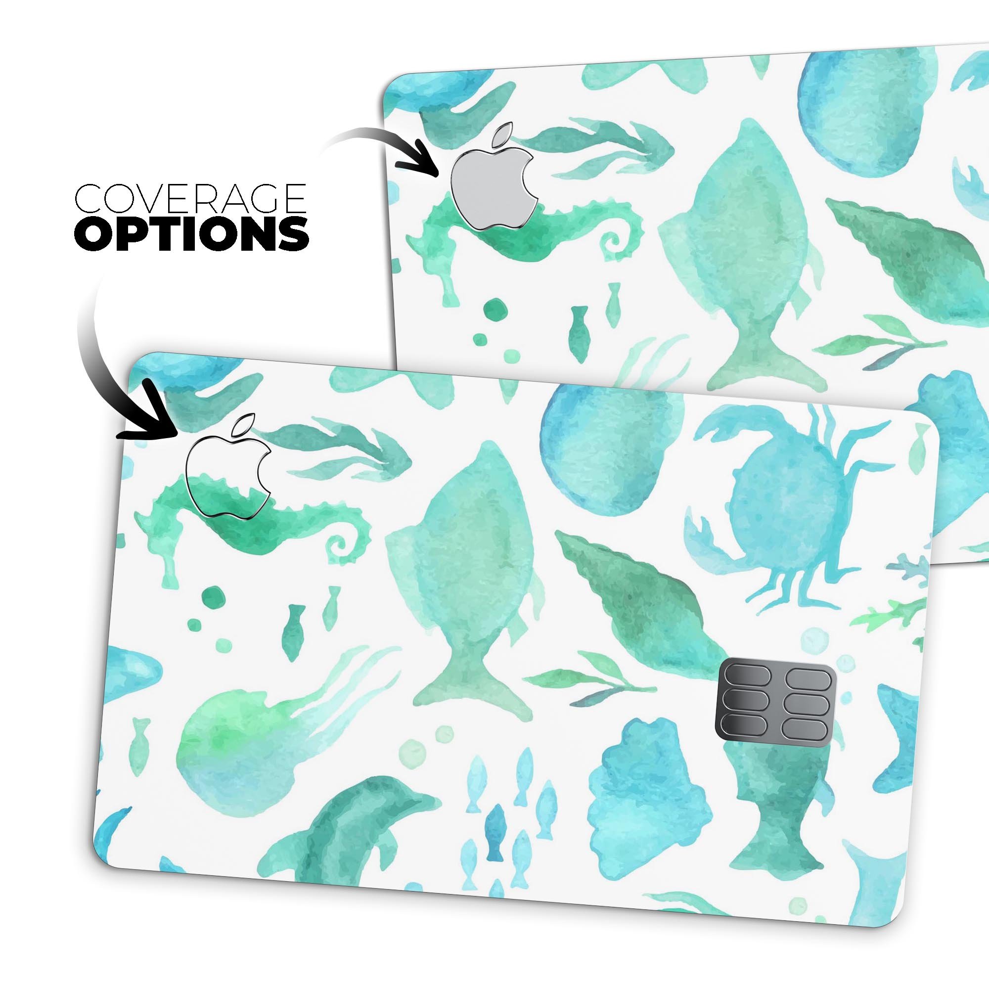 Vivid Blue Watercolor Sea Creatures decal on an Apple Card, showcasing vibrant colors and a protective design.