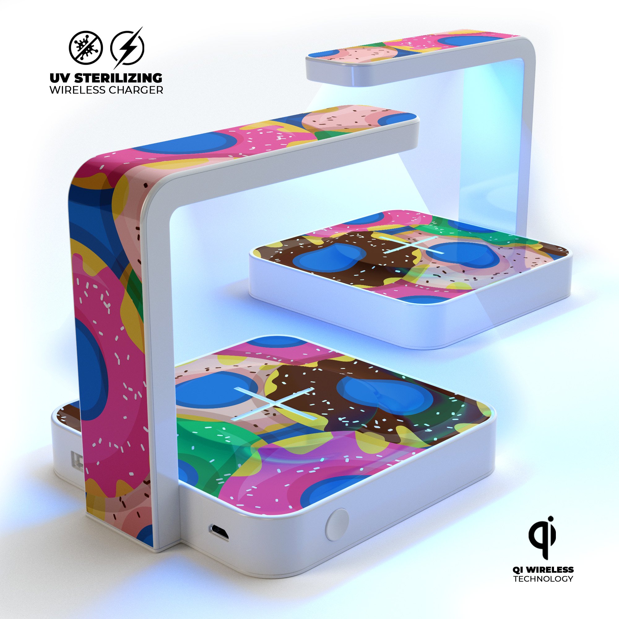 Vivid Cartoon Doughnuts UV Germicidal Sanitizing Wireless Charger with decorative skin, showcasing its sleek design and functionality.