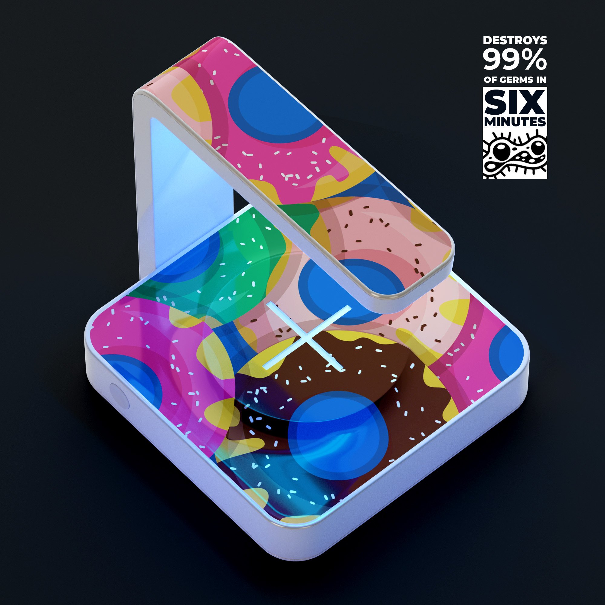 Vivid Cartoon Doughnuts UV Germicidal Sanitizing Wireless Charger with decorative skin, showcasing its sleek design and functionality.