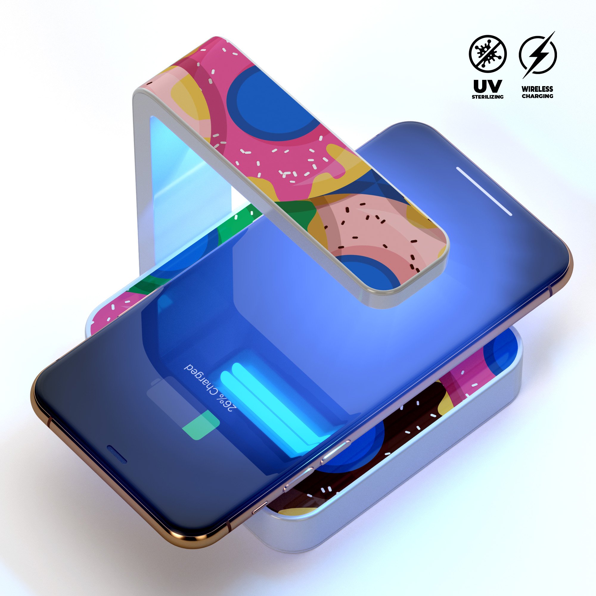 Vivid Cartoon Doughnuts UV Germicidal Sanitizing Wireless Charger with decorative skin, showcasing its sleek design and functionality.