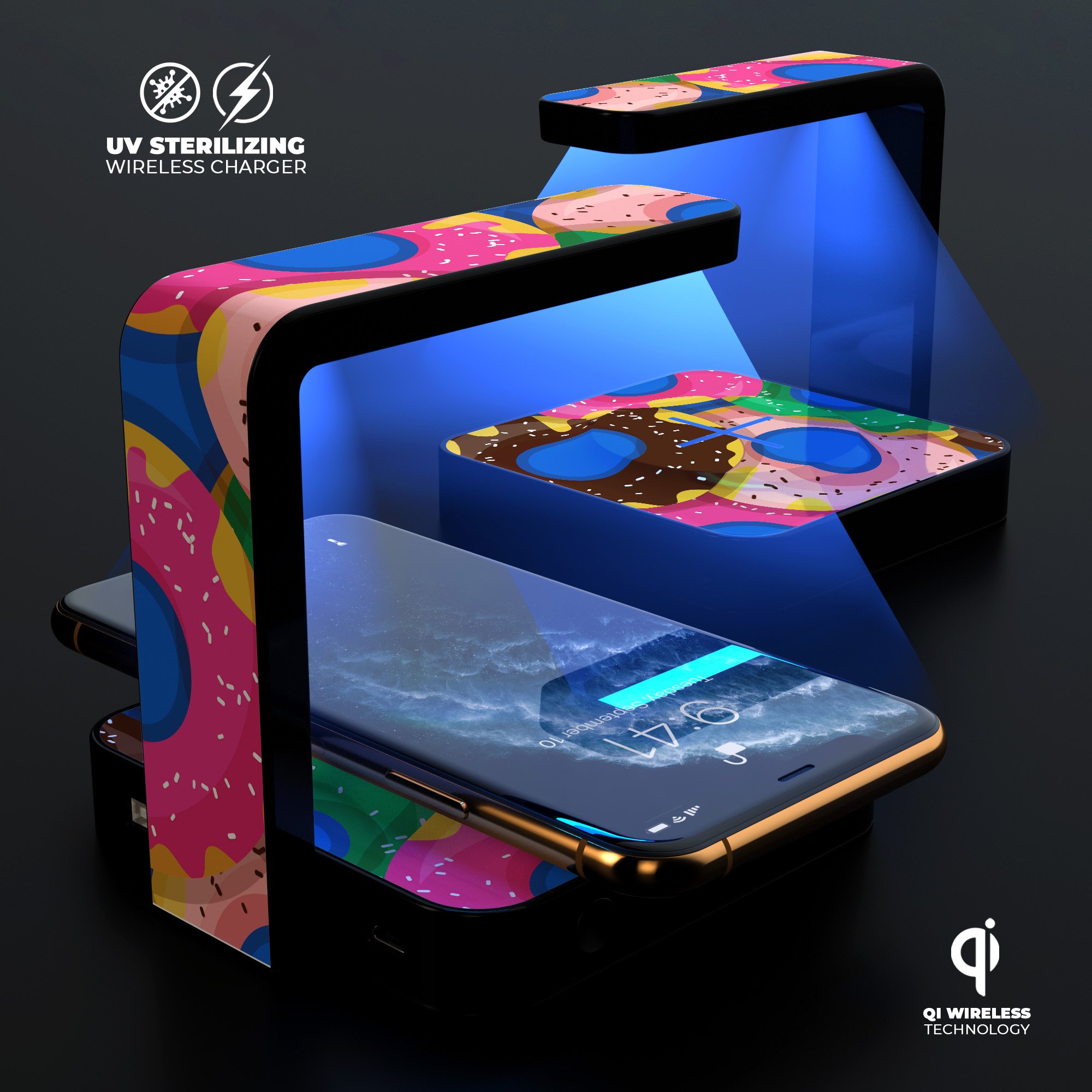 Vivid Cartoon Doughnuts UV Germicidal Sanitizing Wireless Charger with decorative skin, showcasing its sleek design and functionality.