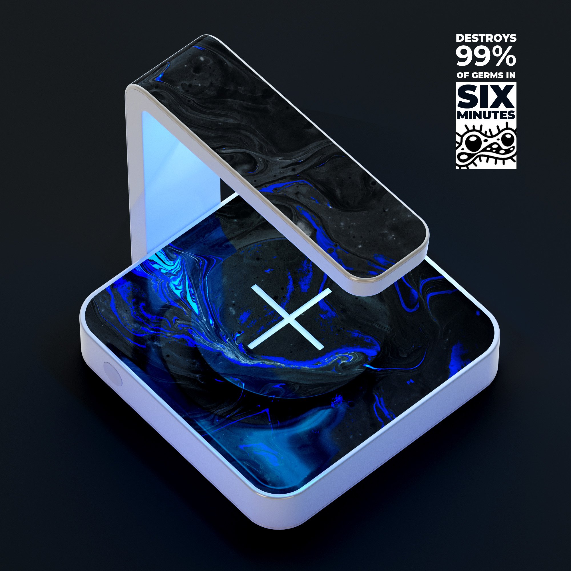 Vivid Colored Marbling Acrylic V3 UV Germicidal Sanitizing Sterilizing Wireless Charger with decorative skin, USB cable, and phone sterilizing features.