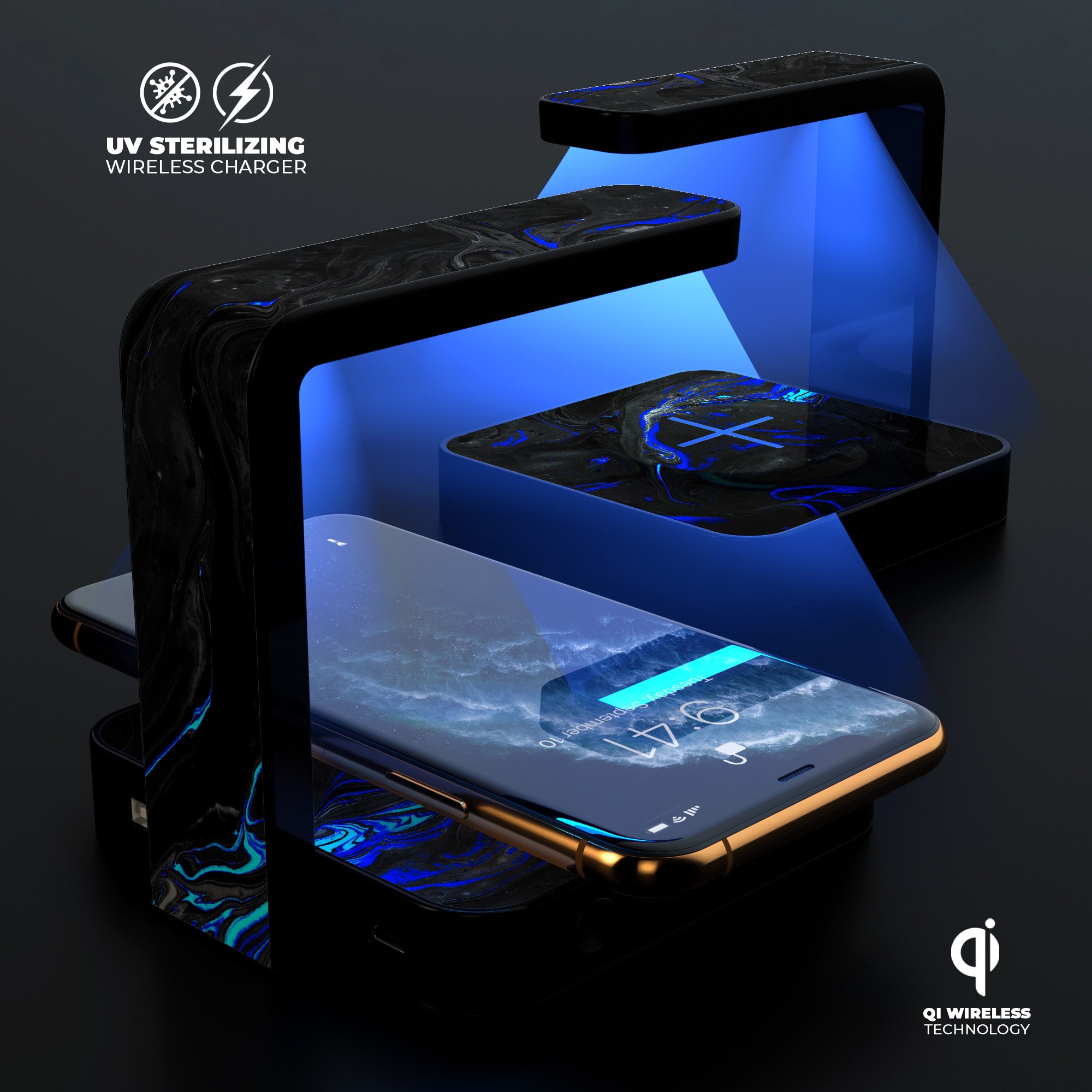 Vivid Colored Marbling Acrylic V3 UV Germicidal Sanitizing Sterilizing Wireless Charger with decorative skin, USB cable, and phone sterilizing features.
