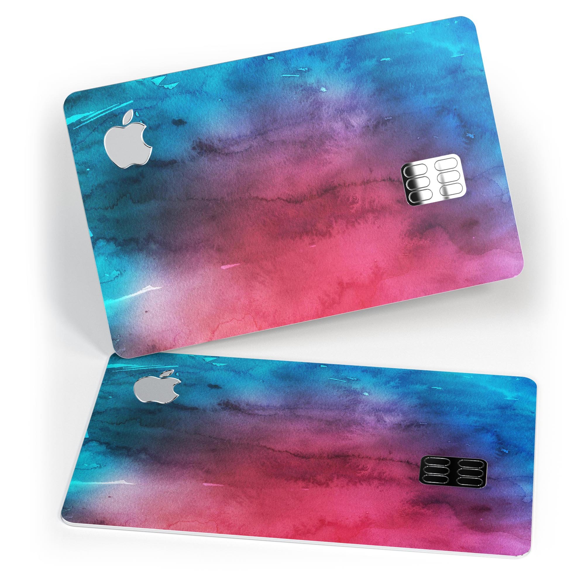 Vivid Pink 869 Absorbed Watercolor Texture decal applied on an Apple Card, showcasing its vibrant color and protective features.