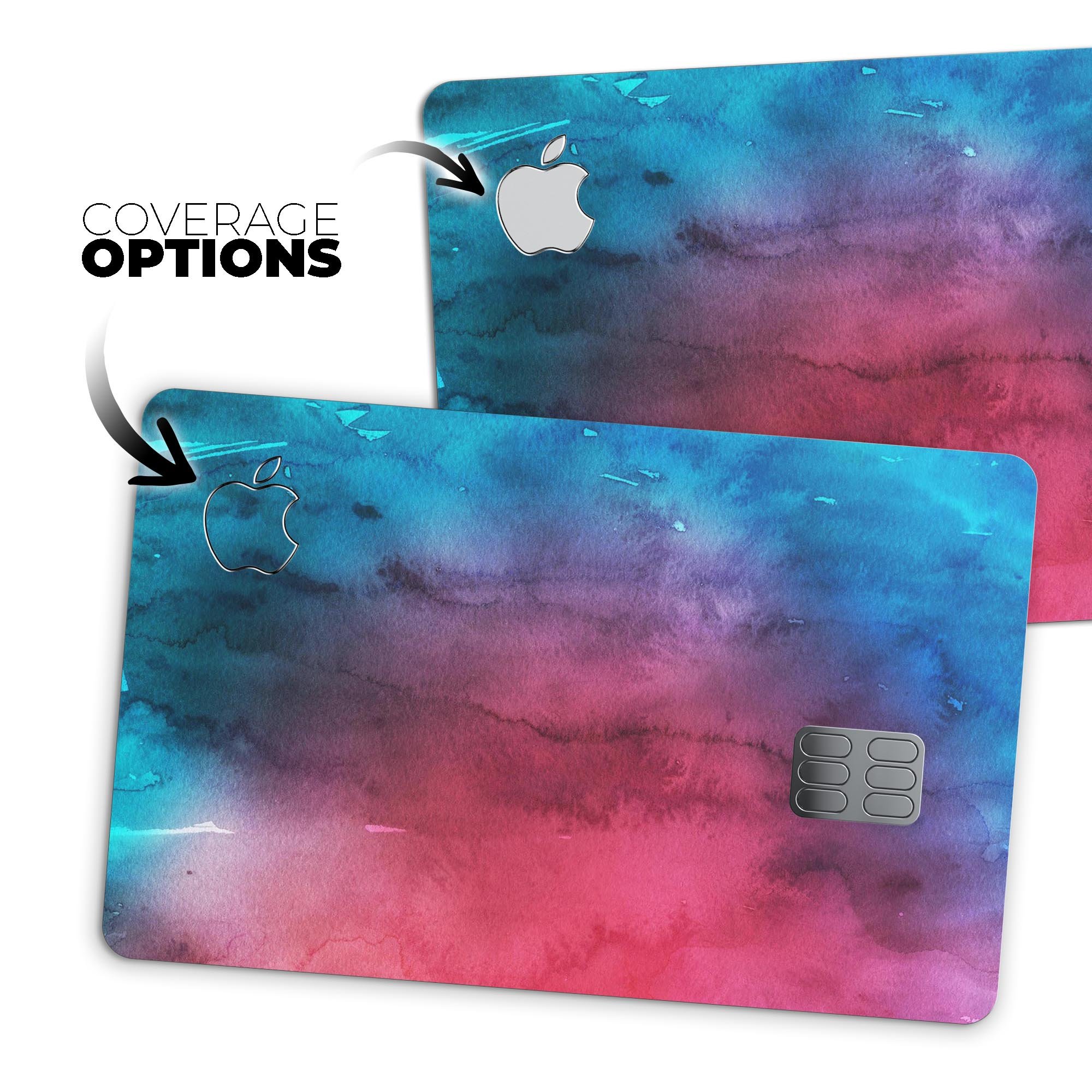 Vivid Pink 869 Absorbed Watercolor Texture decal applied on an Apple Card, showcasing its vibrant color and protective features.