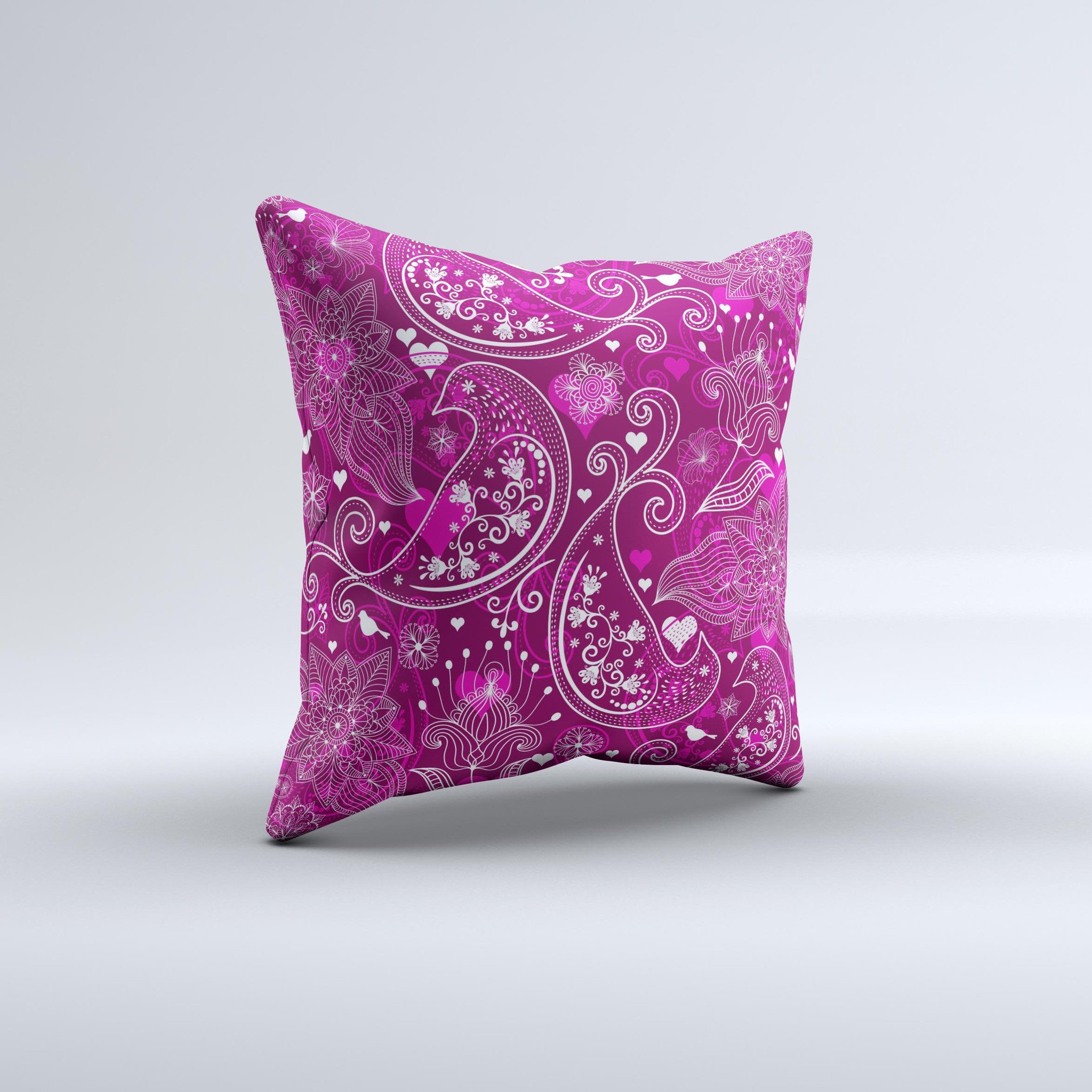Vivid Pink and White Paisley Birds Decorative Throw Pillow showcasing intricate paisley patterns and vibrant colors, handcrafted in Virginia.