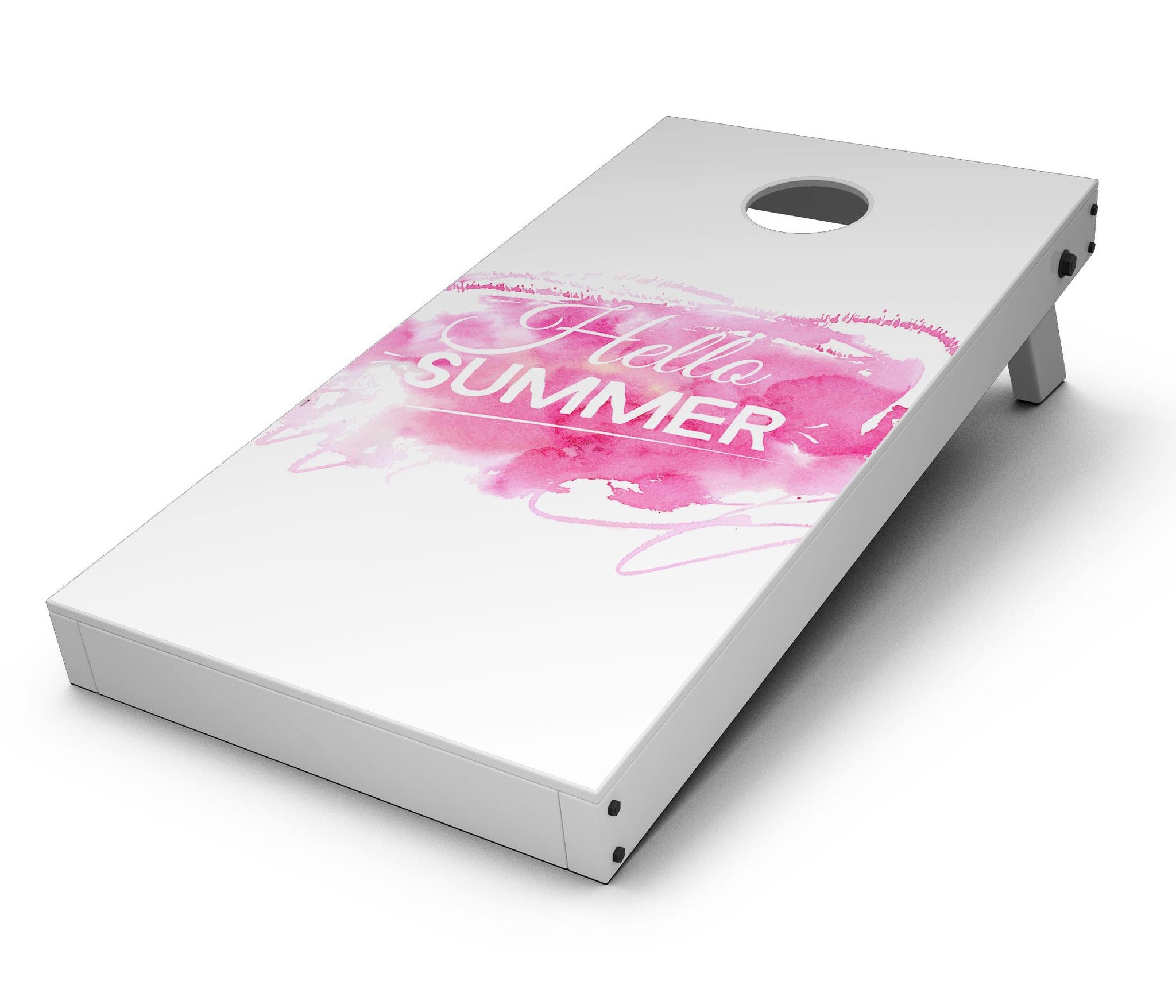 Vivid Pink Hello Summer Cornhole Board Skin Decal Kit displayed on a Cornhole board, showcasing vibrant colors and summer theme.