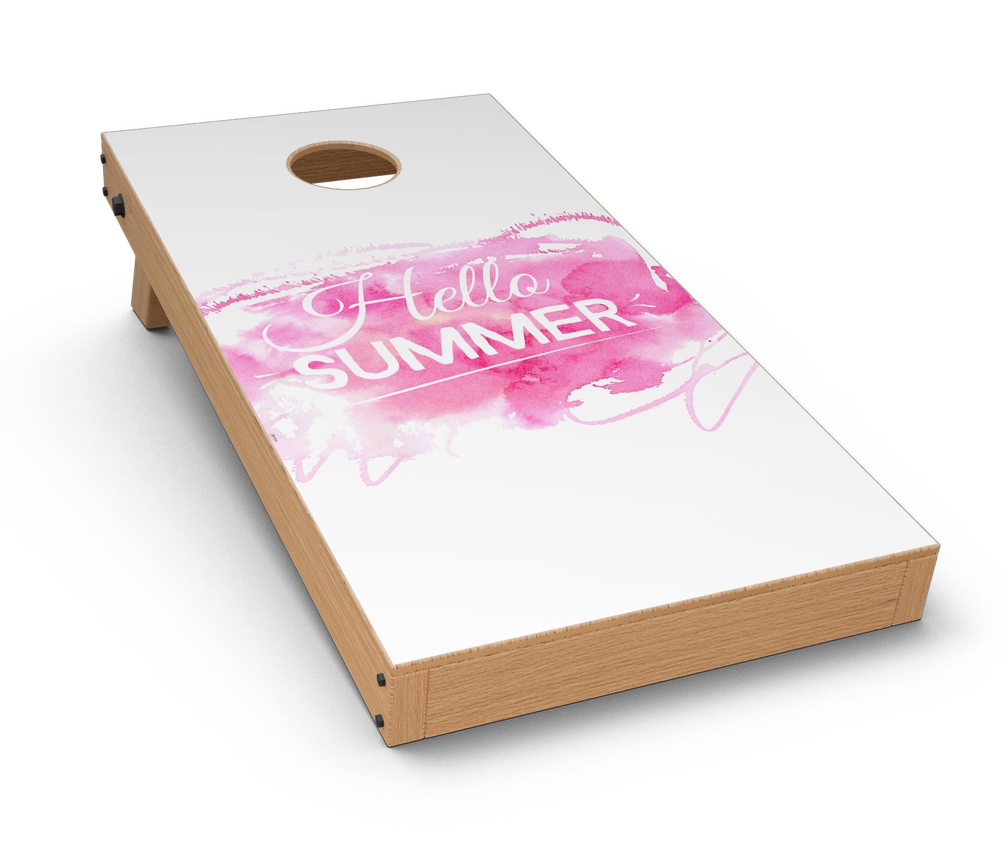 Vivid Pink Hello Summer Cornhole Board Skin Decal Kit displayed on a Cornhole board, showcasing vibrant colors and summer theme.