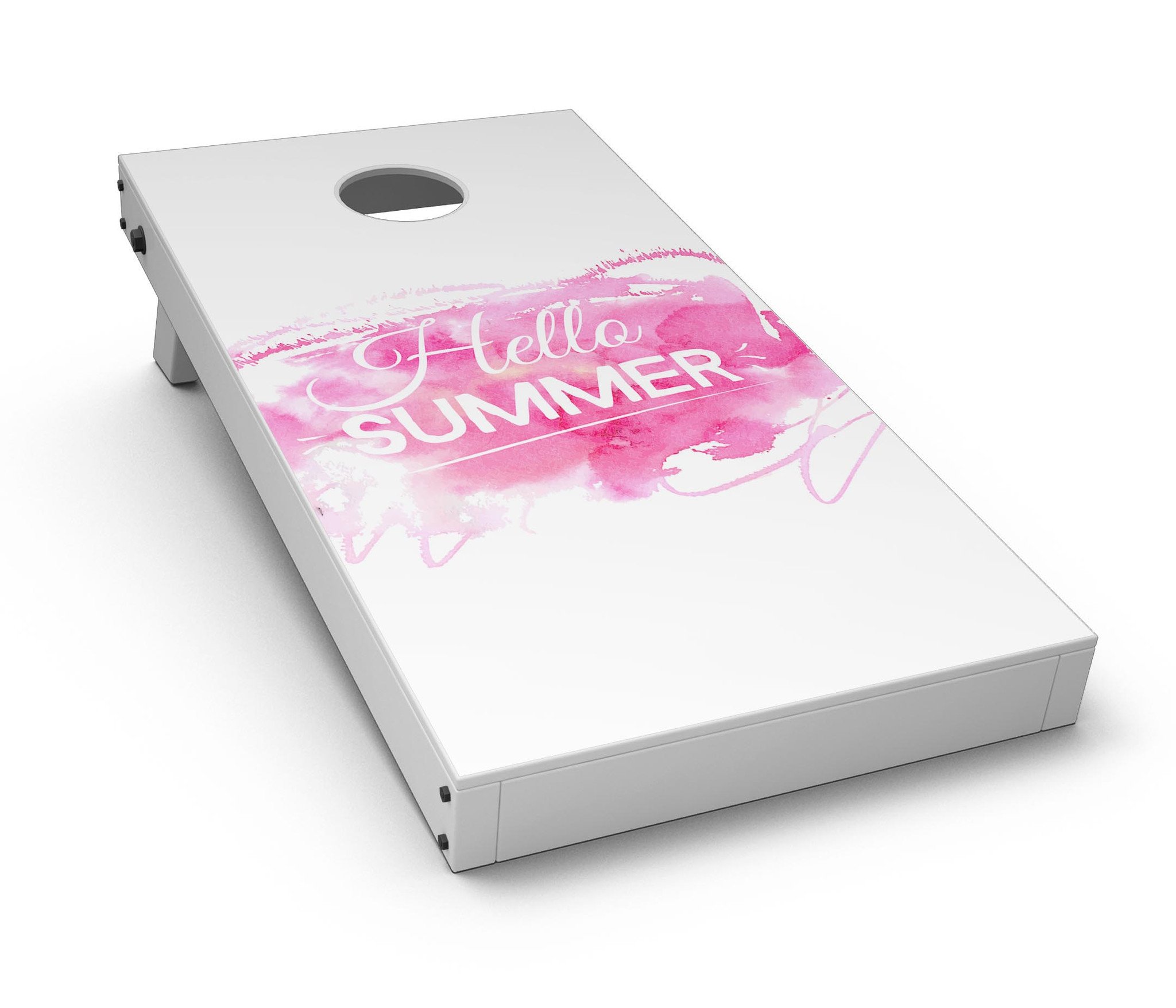 Vivid Pink Hello Summer Cornhole Board Skin Decal Kit displayed on a Cornhole board, showcasing vibrant colors and summer theme.