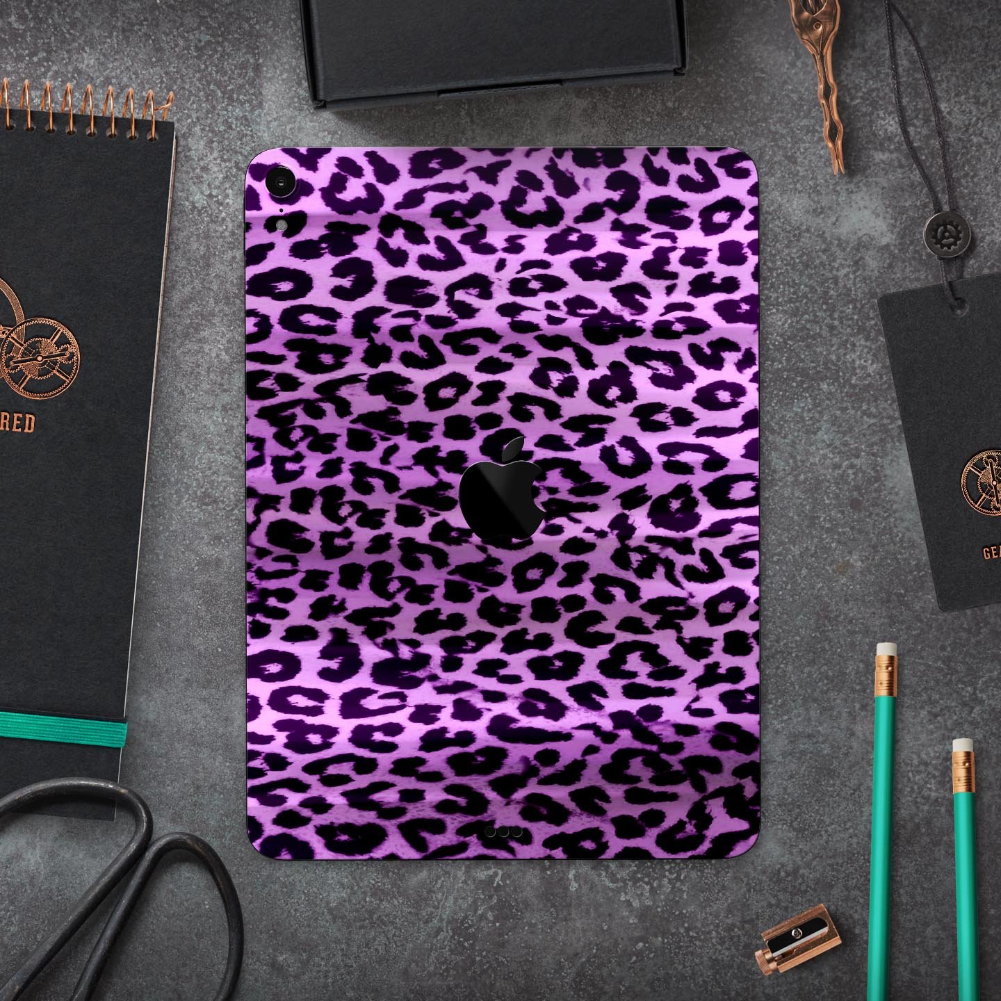 Vivid Purple Leopard Print Full Body Skin Decal for Apple iPad, showcasing vibrant colors and unique design.
