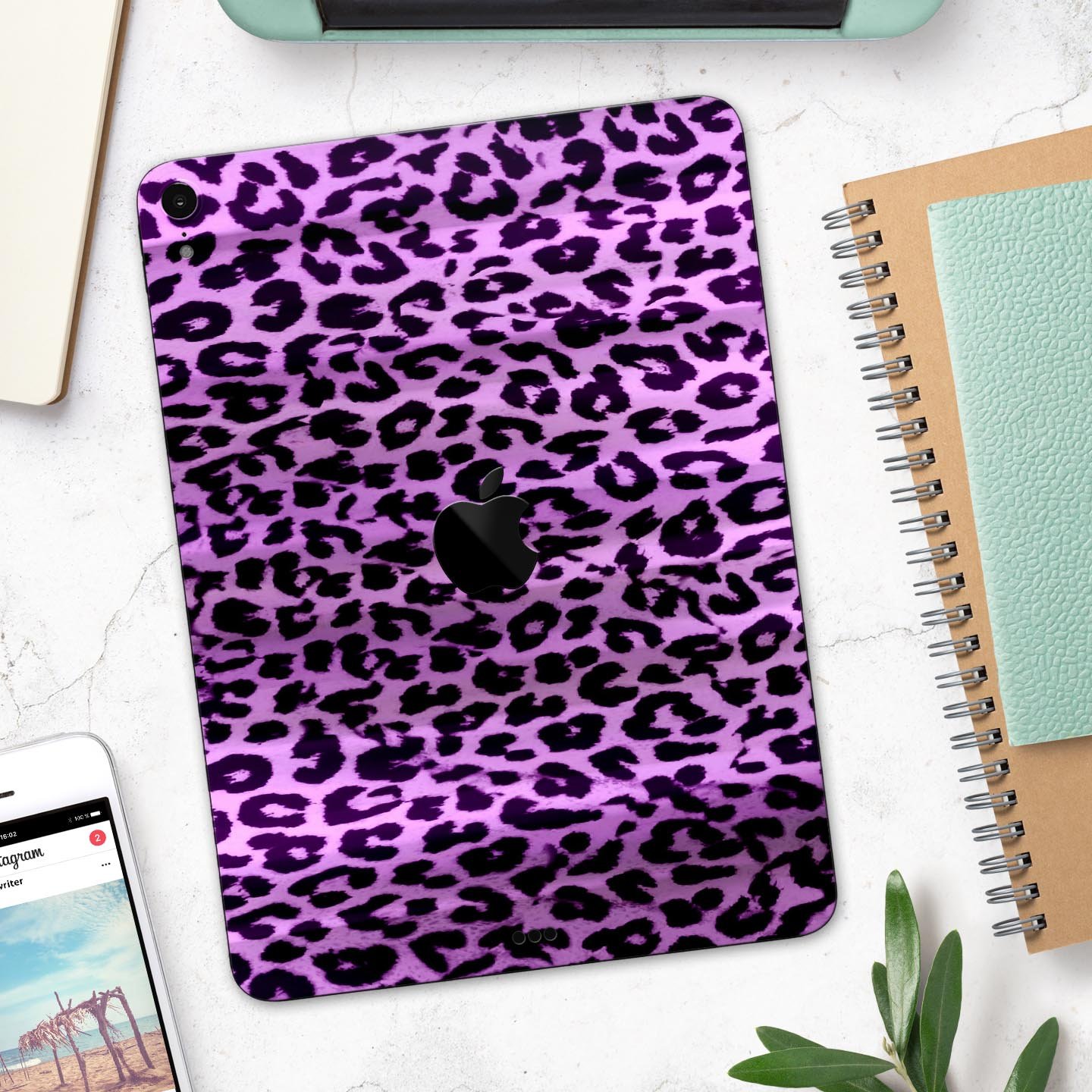 Vivid Purple Leopard Print Full Body Skin Decal for Apple iPad, showcasing vibrant colors and unique design.