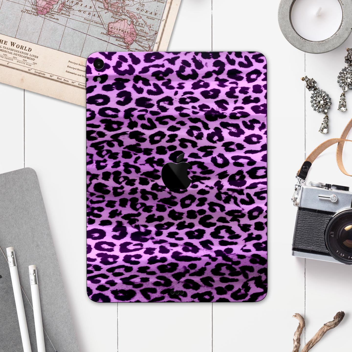 Vivid Purple Leopard Print Full Body Skin Decal for Apple iPad, showcasing vibrant colors and unique design.