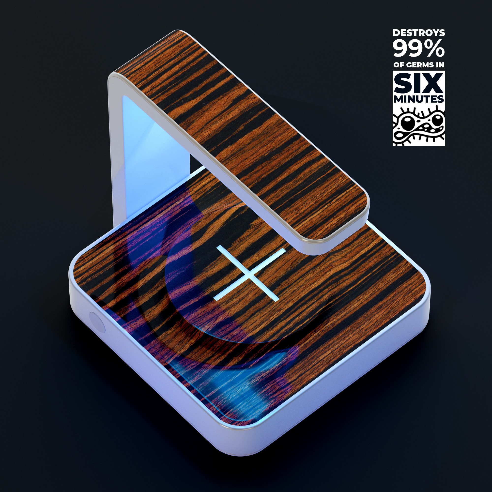 Vivid Striped Wood V293 UV Germicidal Sanitizing Wireless Charger with phone on top, showcasing its sleek design and sterilizing lamp.