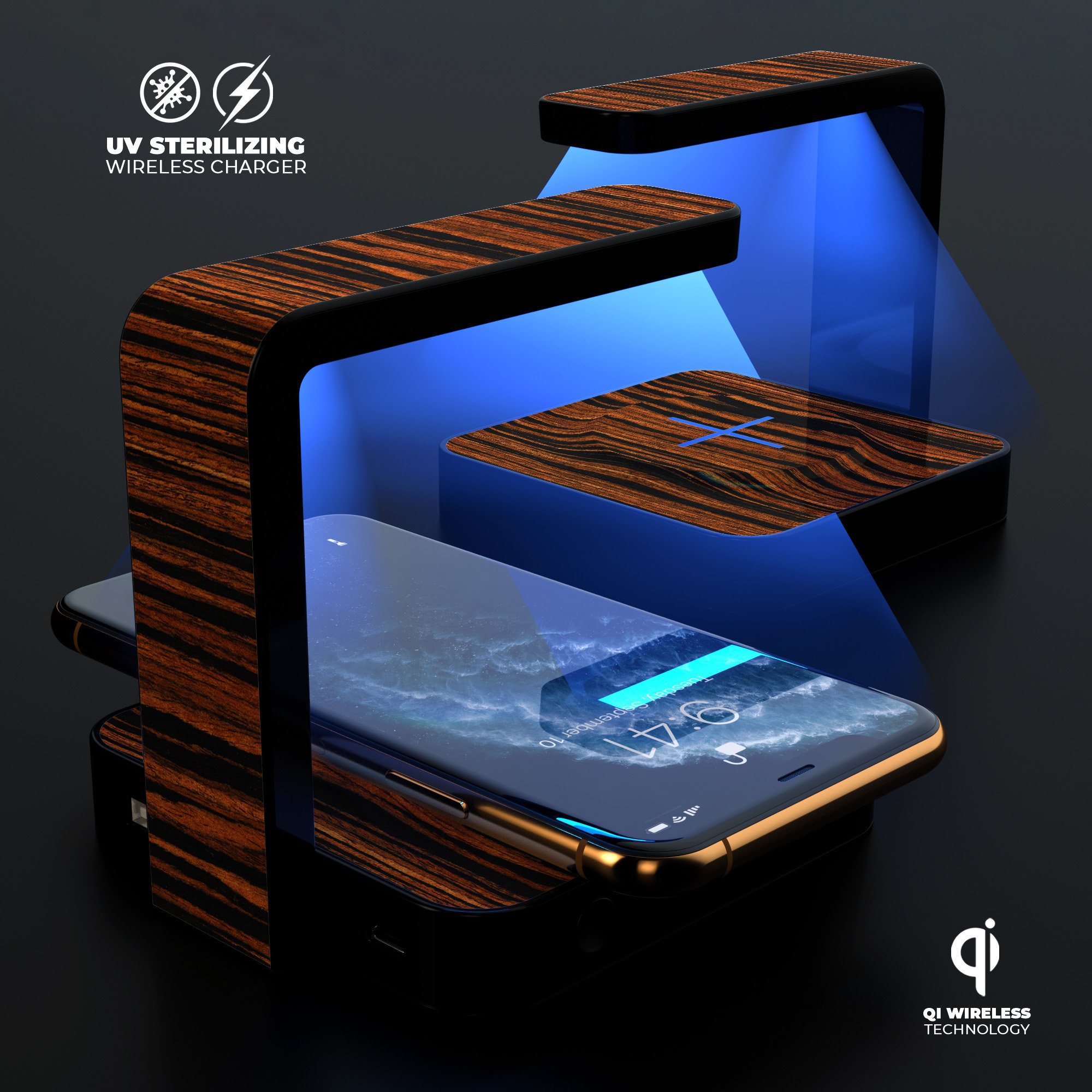 Vivid Striped Wood V293 UV Germicidal Sanitizing Wireless Charger with phone on top, showcasing its sleek design and sterilizing lamp.