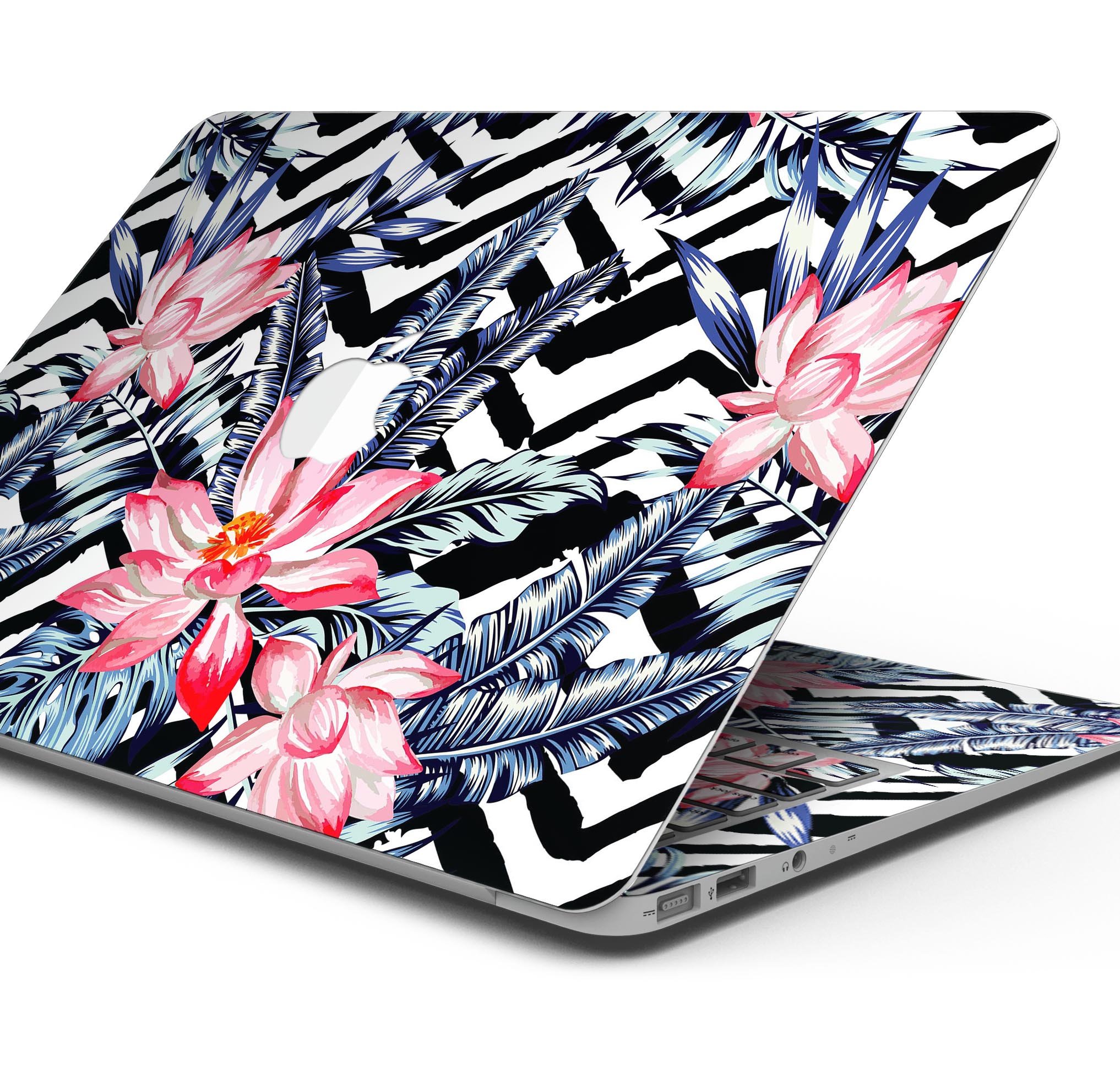 Vivid Tropical Chevron Floral Skin Decal Wrap Kit for MacBook, showcasing vibrant floral patterns and a sleek design.