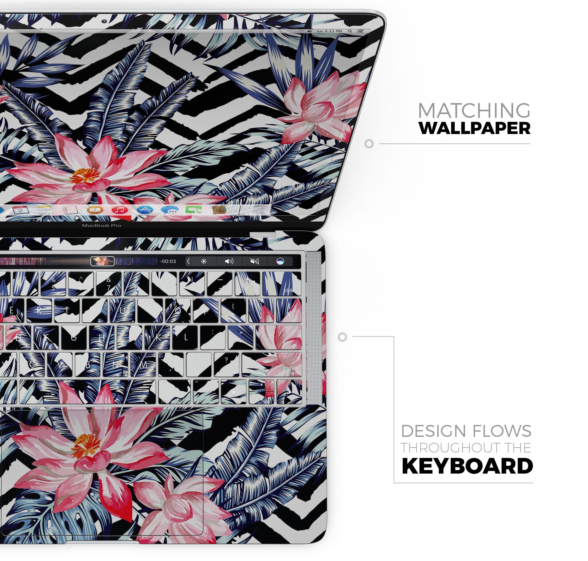 Vivid Tropical Chevron Floral Skin Decal Wrap Kit for MacBook, showcasing vibrant floral patterns and a sleek design.