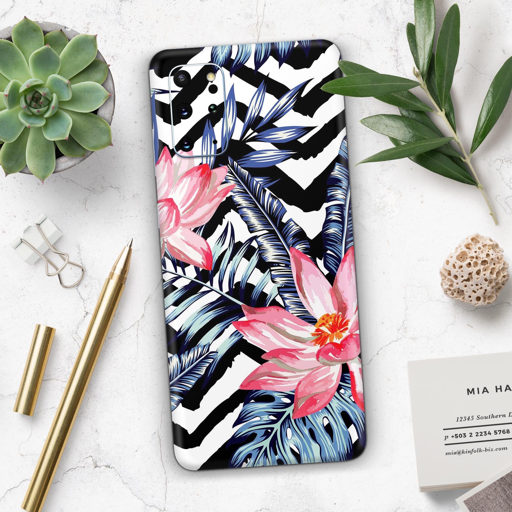 Vivid Tropical Chevron Floral Skin-Kit for Samsung Galaxy, showcasing vibrant colors and floral patterns on a sleek device.