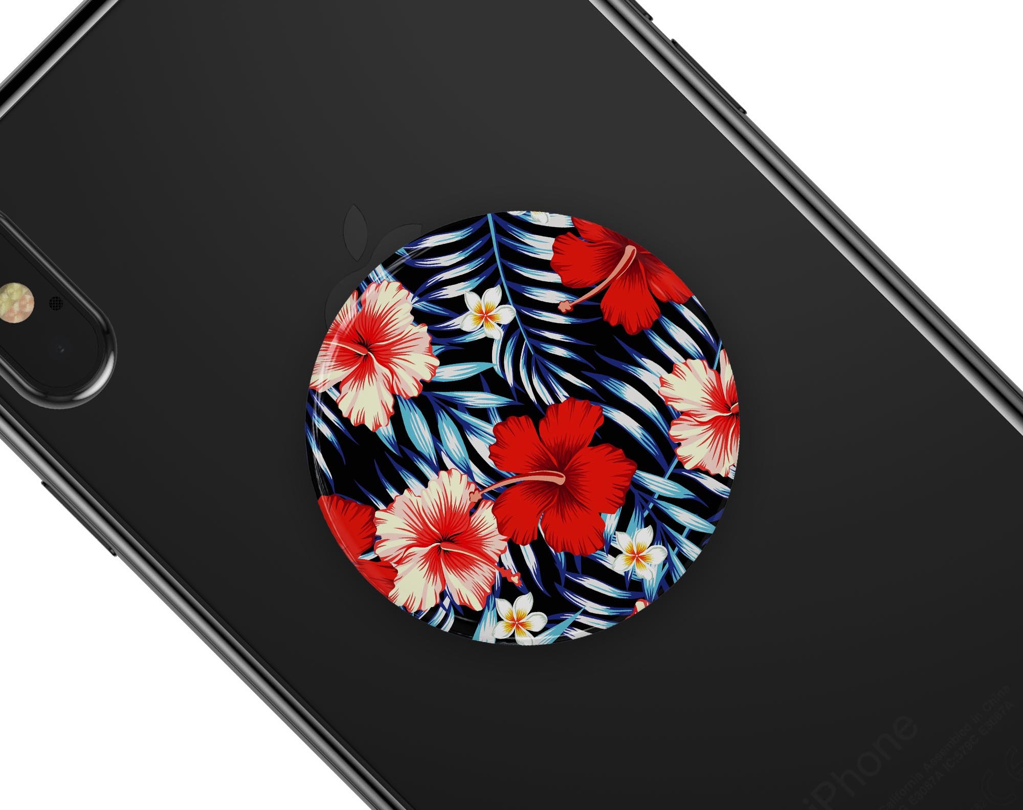 Vivid Tropical Red Floral Skin Kit for PopSockets featuring a vibrant floral design on a premium vinyl material.