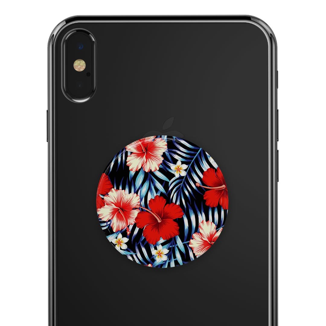 Vivid Tropical Red Floral Skin Kit for PopSockets featuring a vibrant floral design on a premium vinyl material.