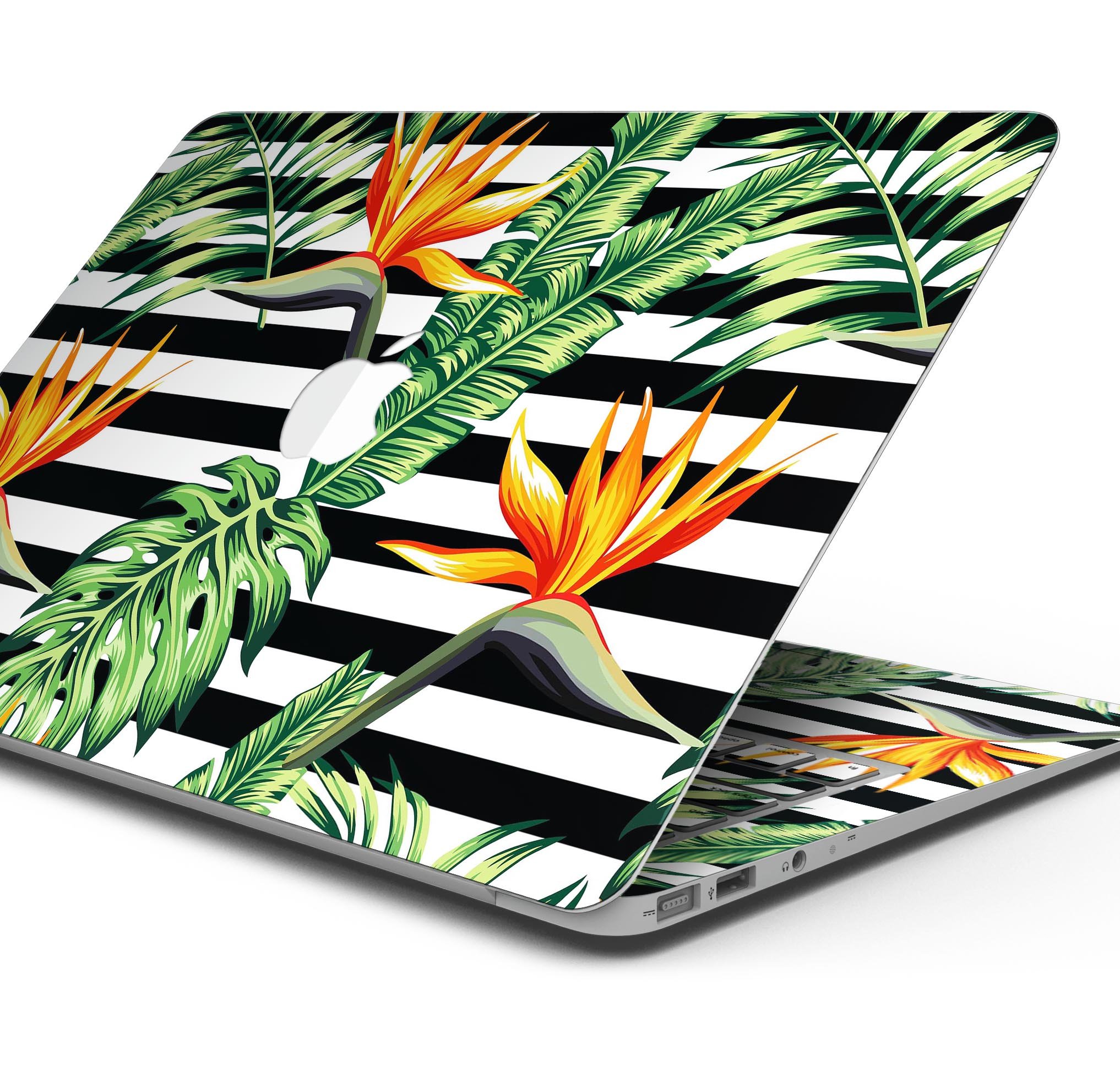 Vivid Tropical Stripe Floral skin decal wrap kit for Apple MacBook, showcasing vibrant colors and a sleek design.