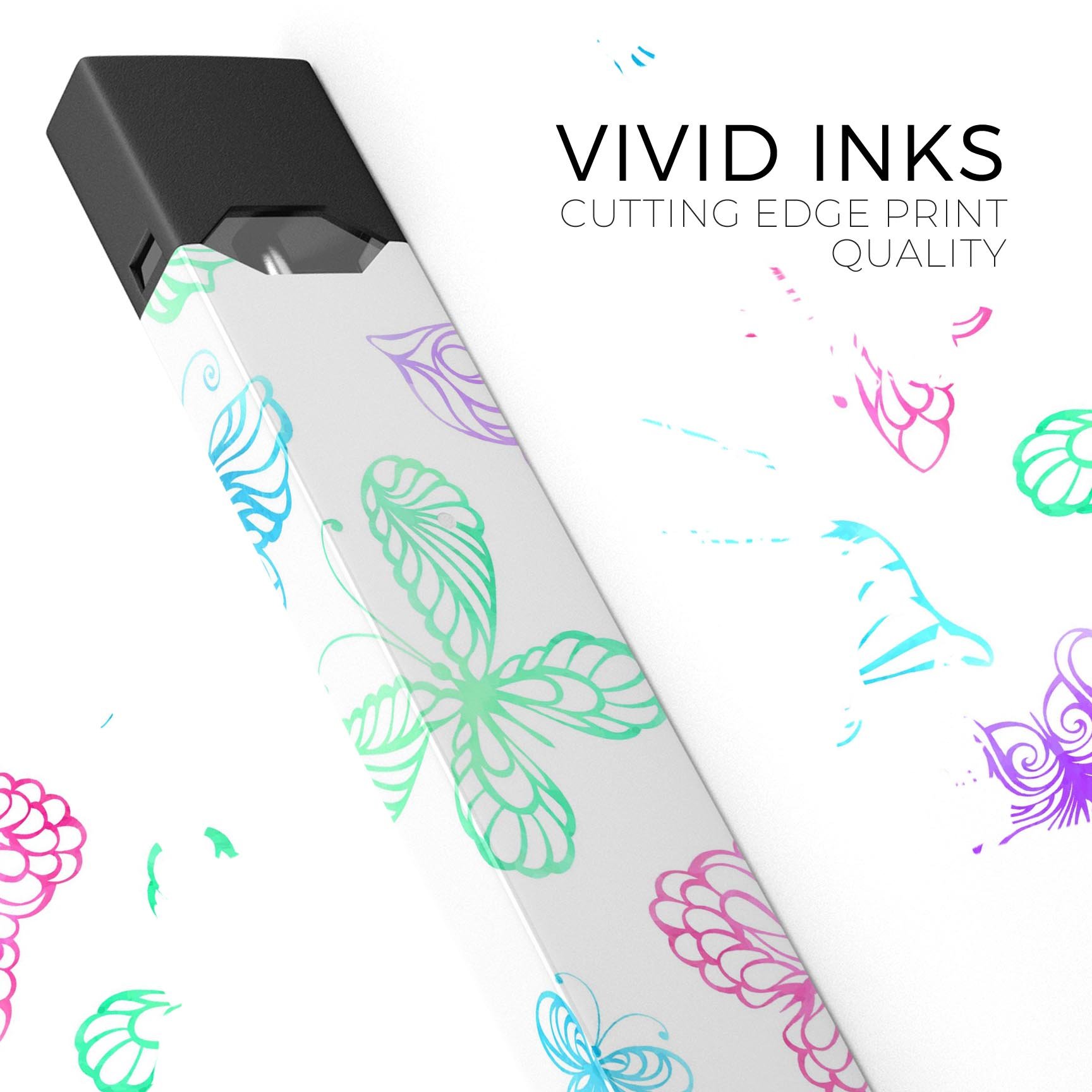 Vivid Vector Butterflies skin-wrap sticker designed for JUUL vaping device, showcasing vibrant butterfly graphics and premium vinyl material.