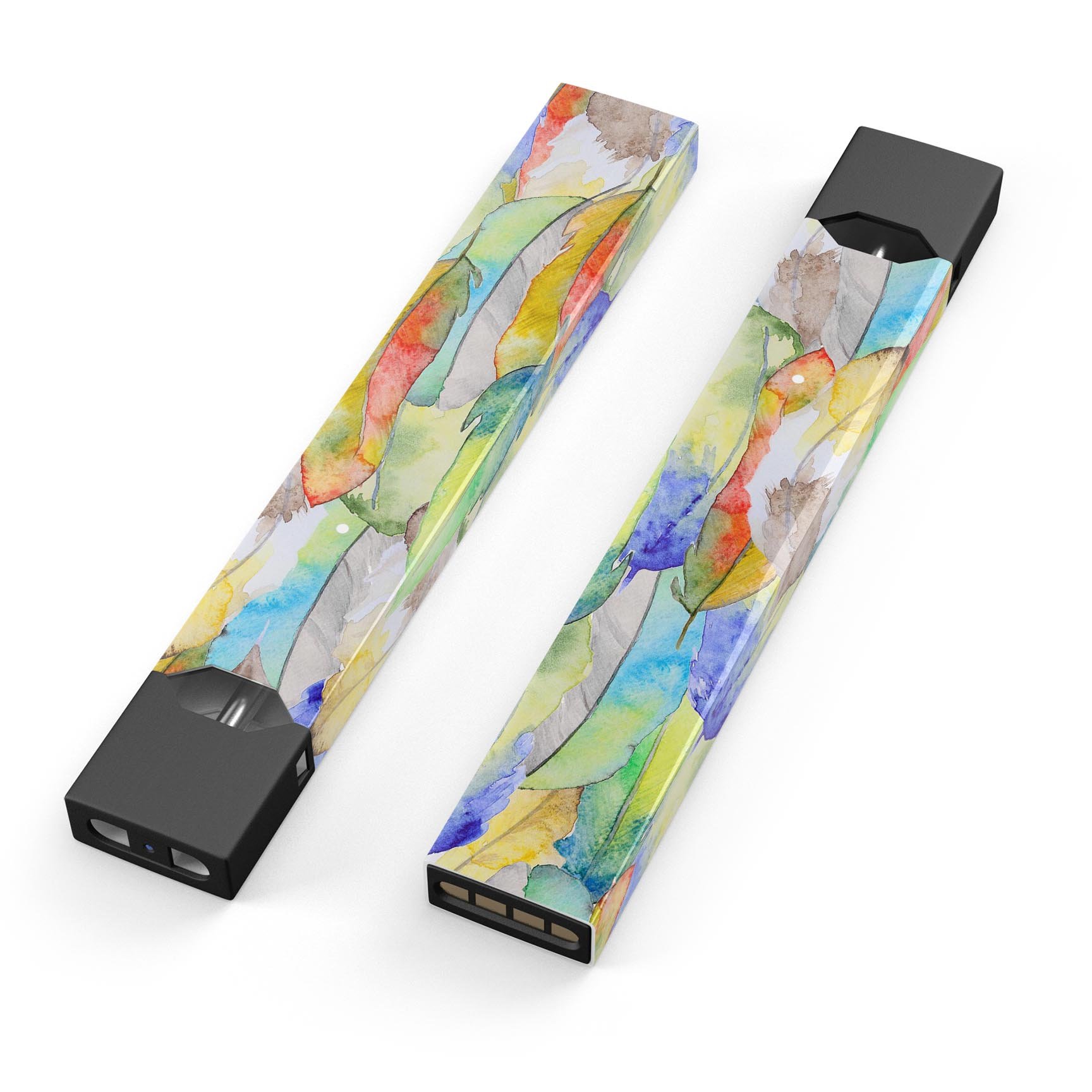 Vivid Watercolor Feather Overlay skin wrap for JUUL device, showcasing vibrant colors and intricate feather design.