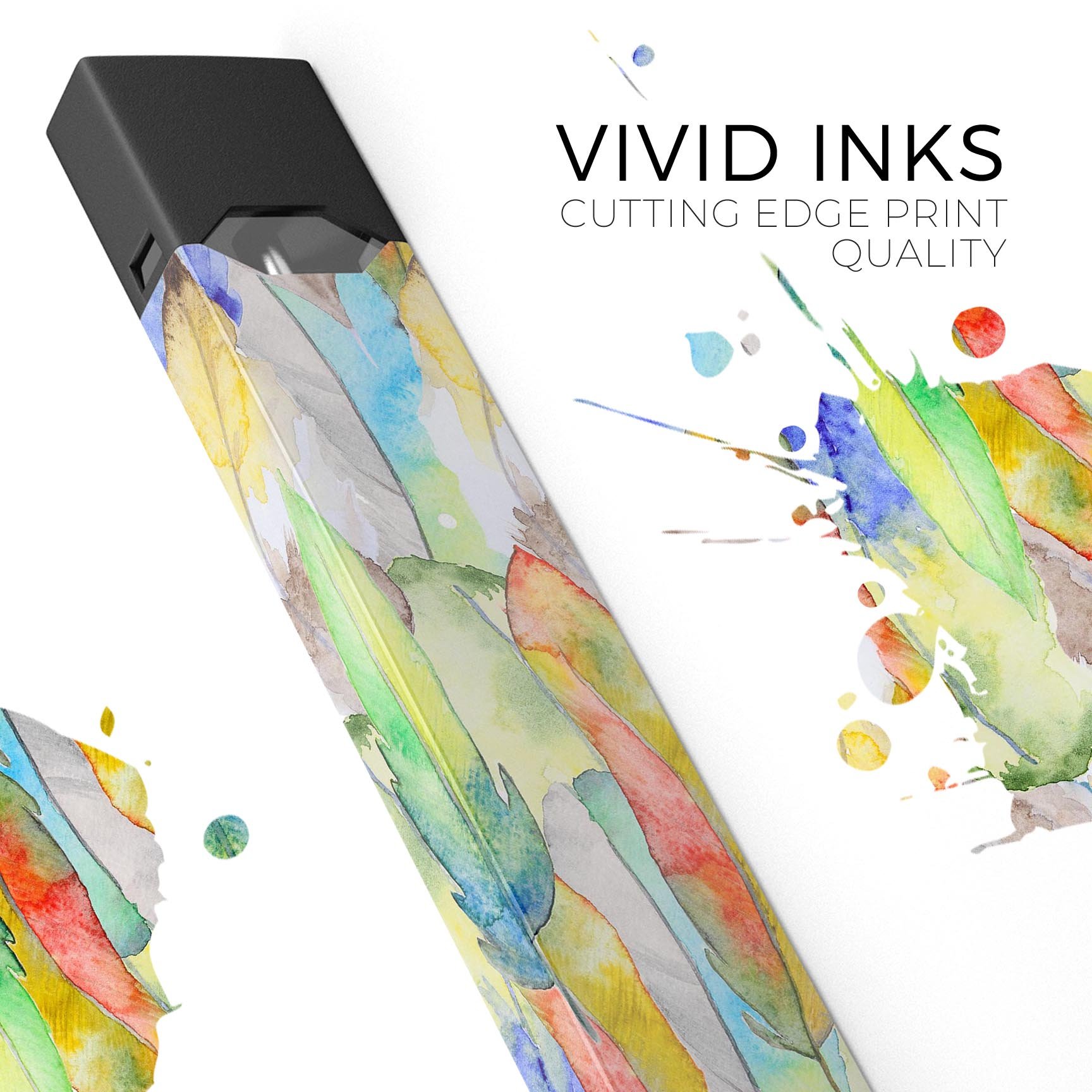 Vivid Watercolor Feather Overlay skin wrap for JUUL device, showcasing vibrant colors and intricate feather design.