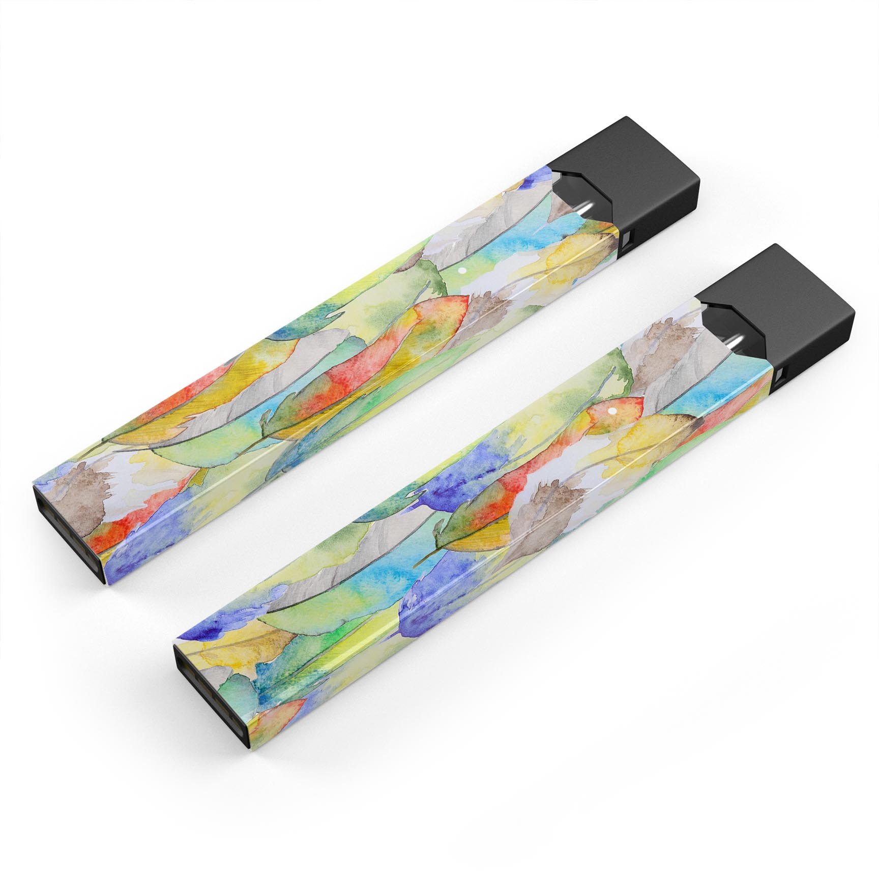 Vivid Watercolor Feather Overlay skin wrap for JUUL device, showcasing vibrant colors and intricate feather design.