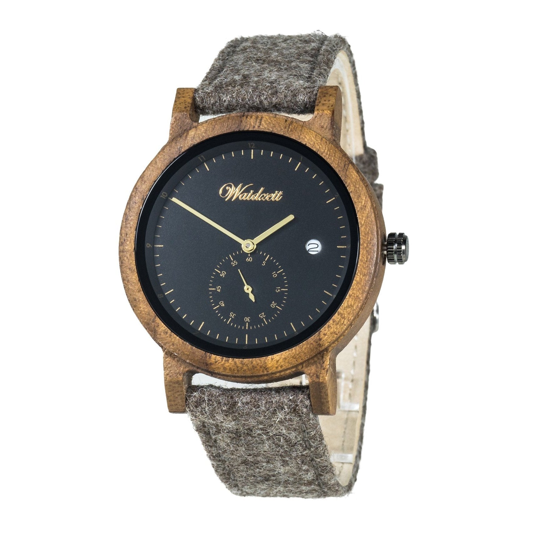 Waidzeit Maximilian Men's Watch featuring a walnut wood case, black dial with golden hands, and an original Austrian loden strap.