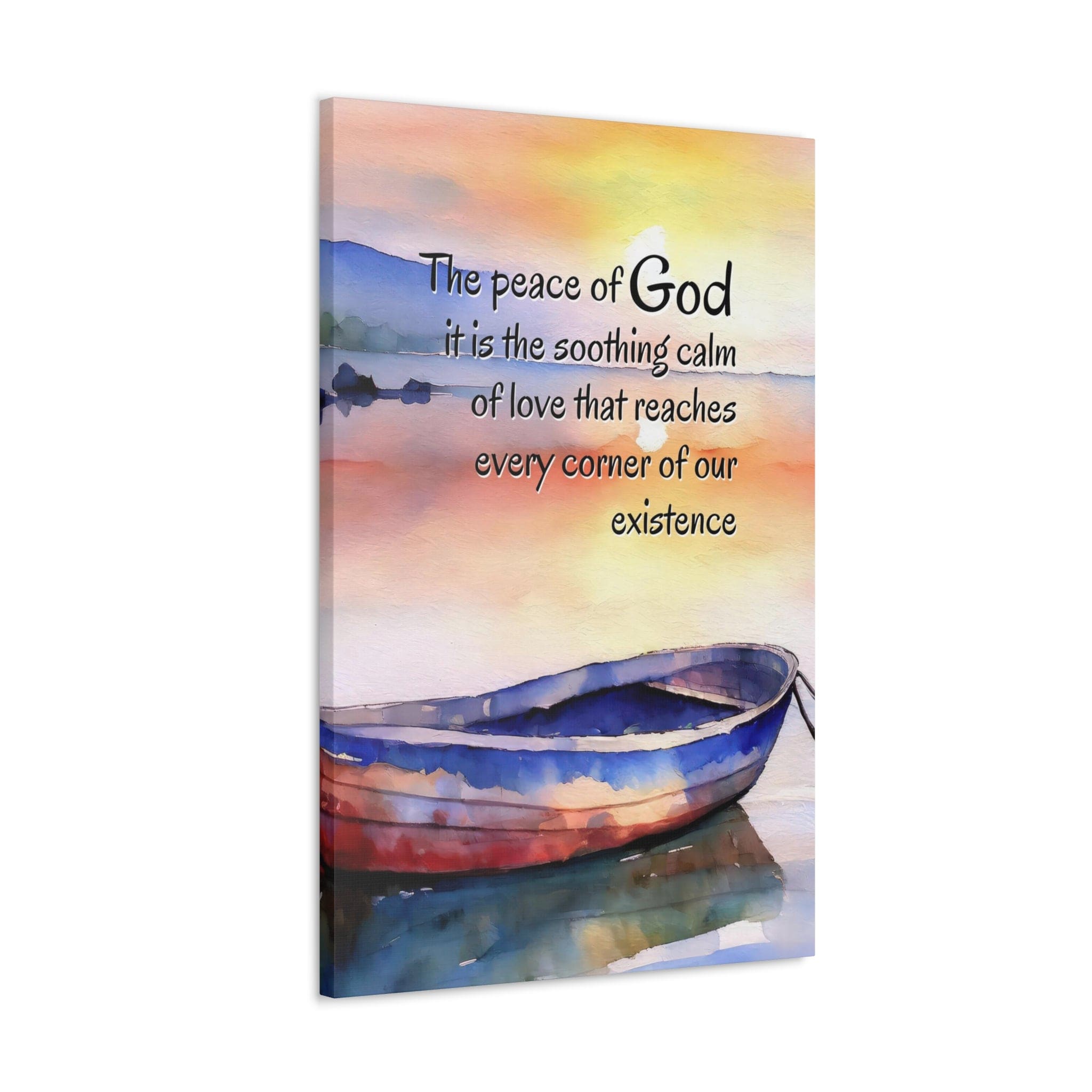 Vertical canvas print featuring the Peace of God soothing calm illustration, showcasing vibrant colors and intricate details on high-quality cotton fabric.
