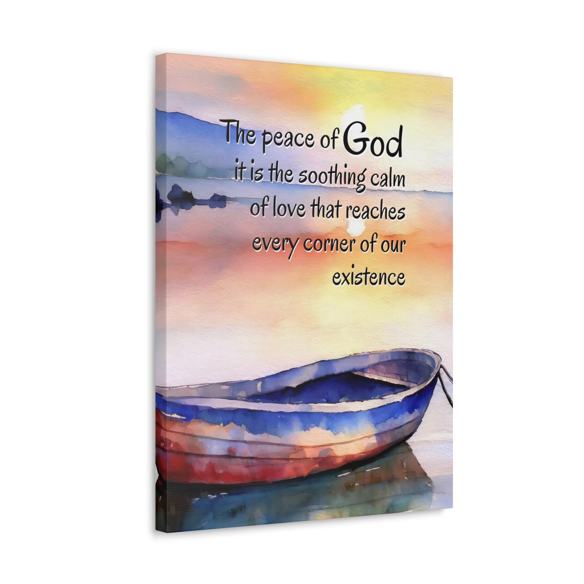 Vertical canvas print featuring the Peace of God soothing calm illustration, showcasing vibrant colors and intricate details on high-quality cotton fabric.