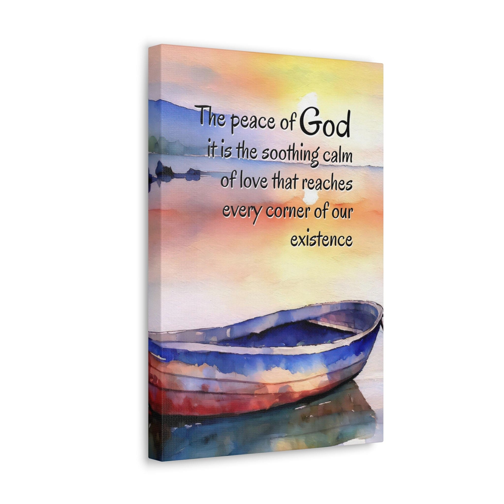 Vertical canvas print featuring the Peace of God soothing calm illustration, showcasing vibrant colors and intricate details on high-quality cotton fabric.