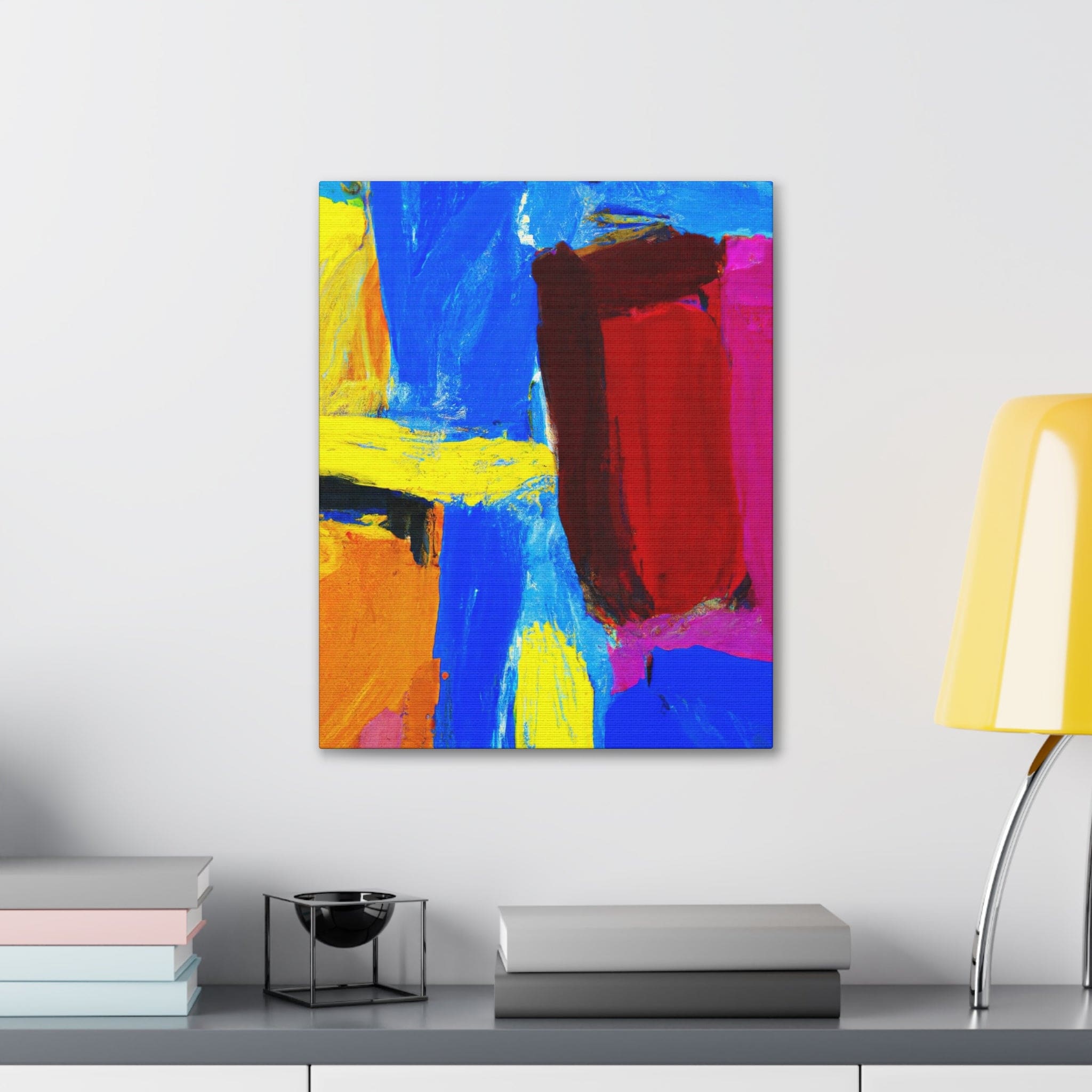 A vibrant canvas print featuring a blue and red abstract pattern, perfect for wall decor.