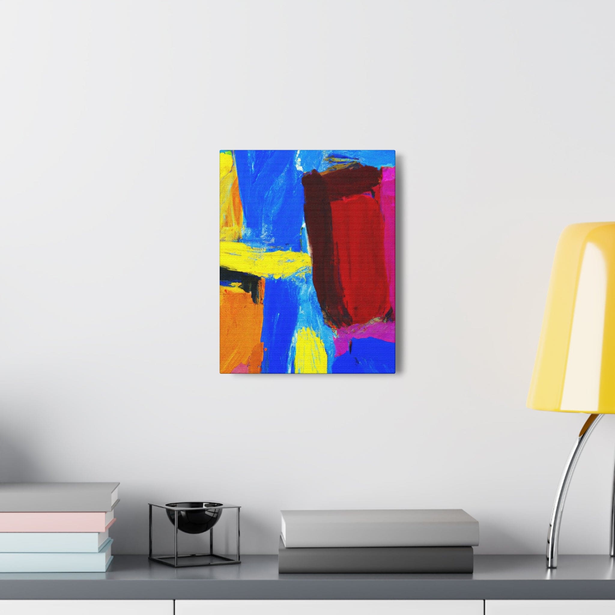A vibrant canvas print featuring a blue and red abstract pattern, perfect for wall decor.