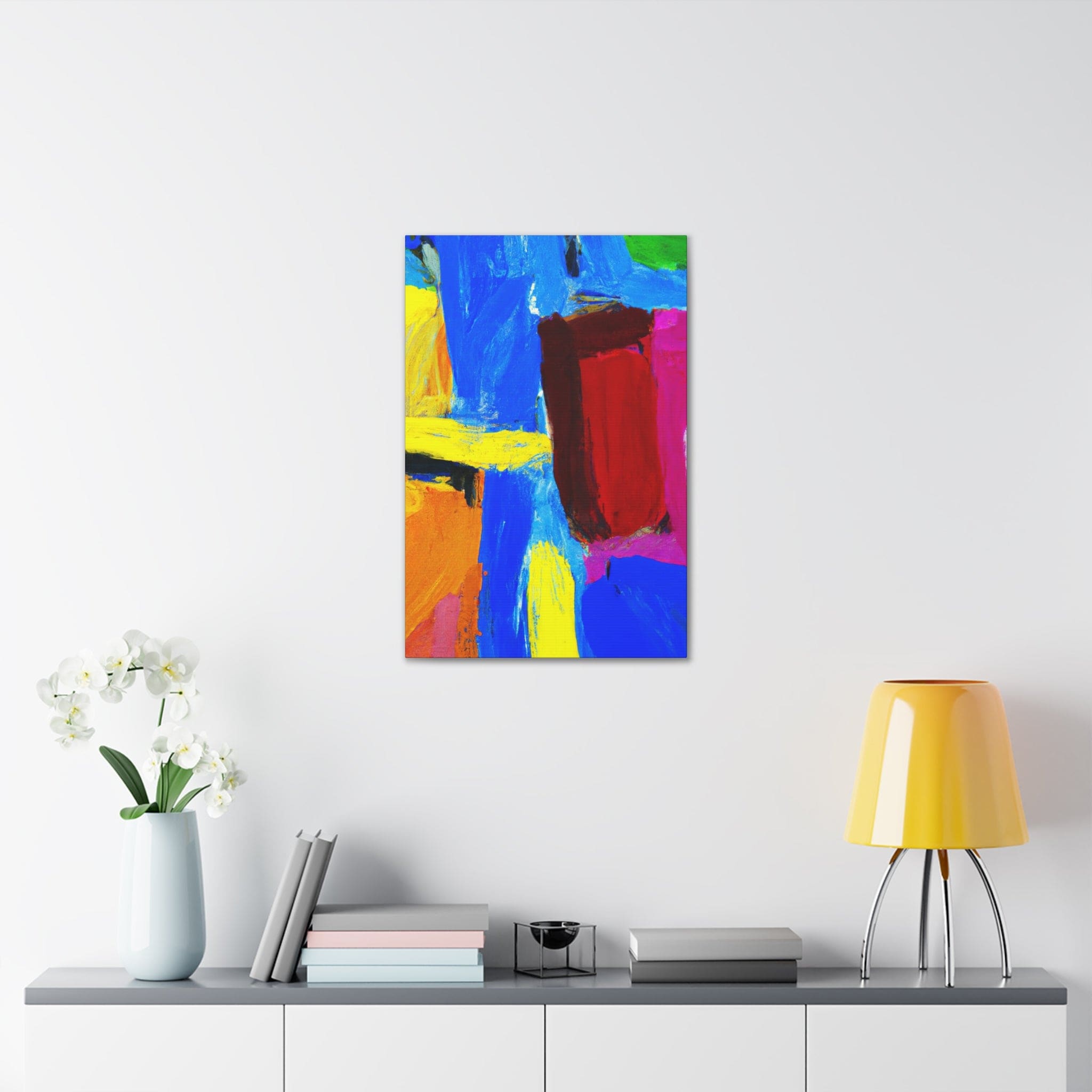 A vibrant canvas print featuring a blue and red abstract pattern, perfect for wall decor.