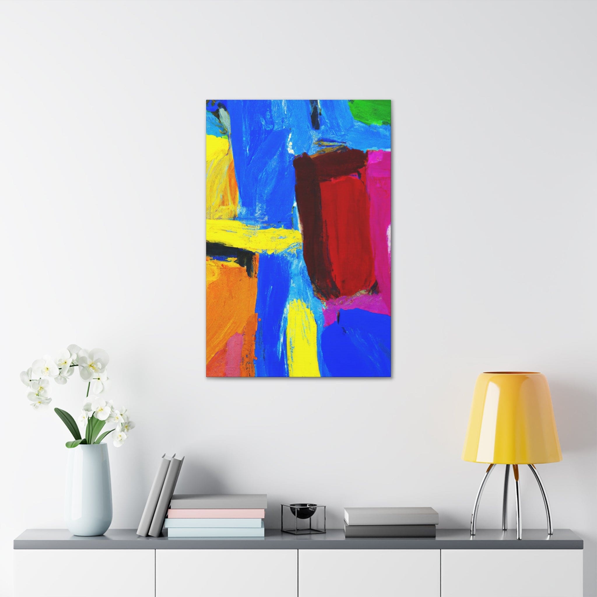 A vibrant canvas print featuring a blue and red abstract pattern, perfect for wall decor.