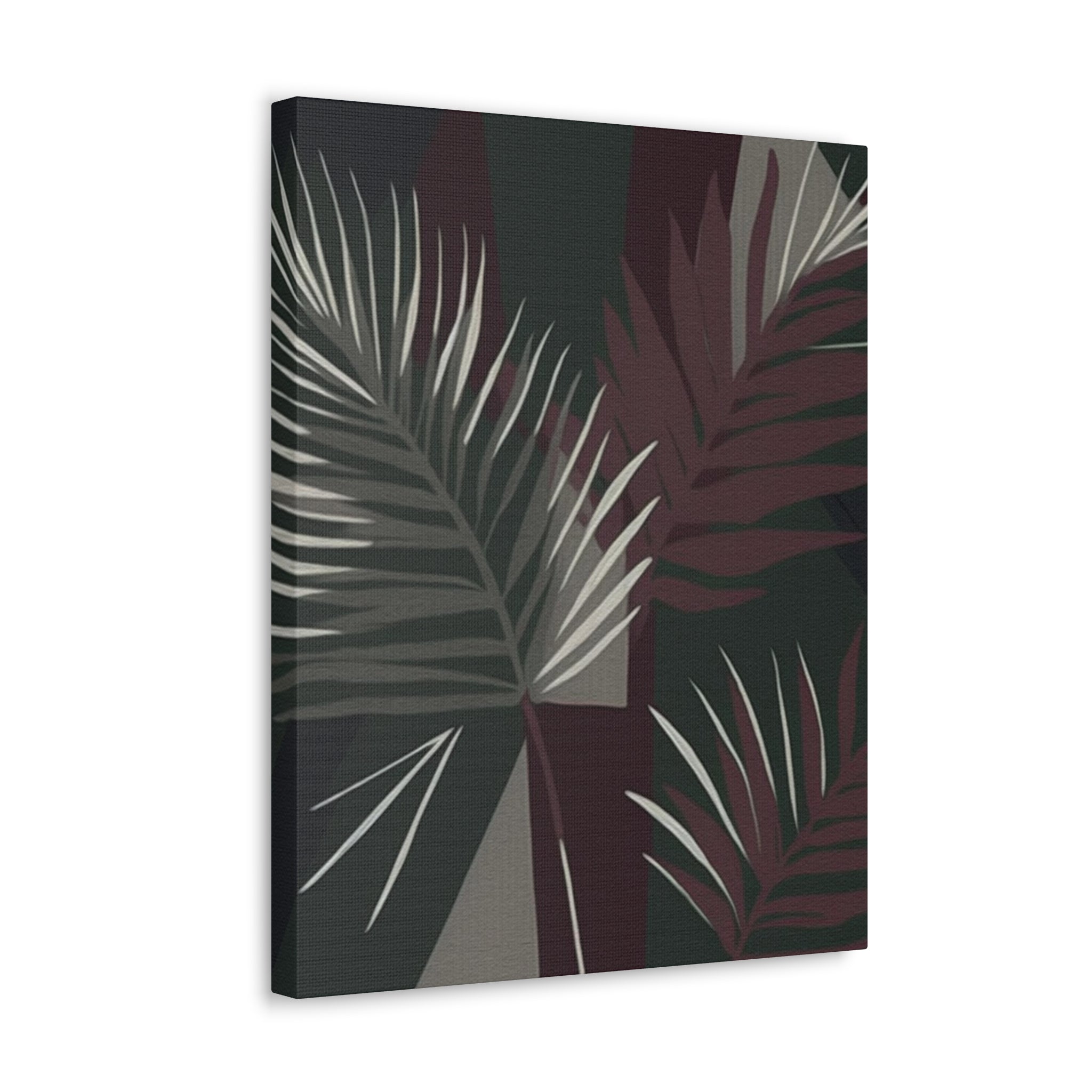 Canvas print artwork featuring palm tree leaves in maroon and green colors, showcasing a minimalist design perfect for home decor.