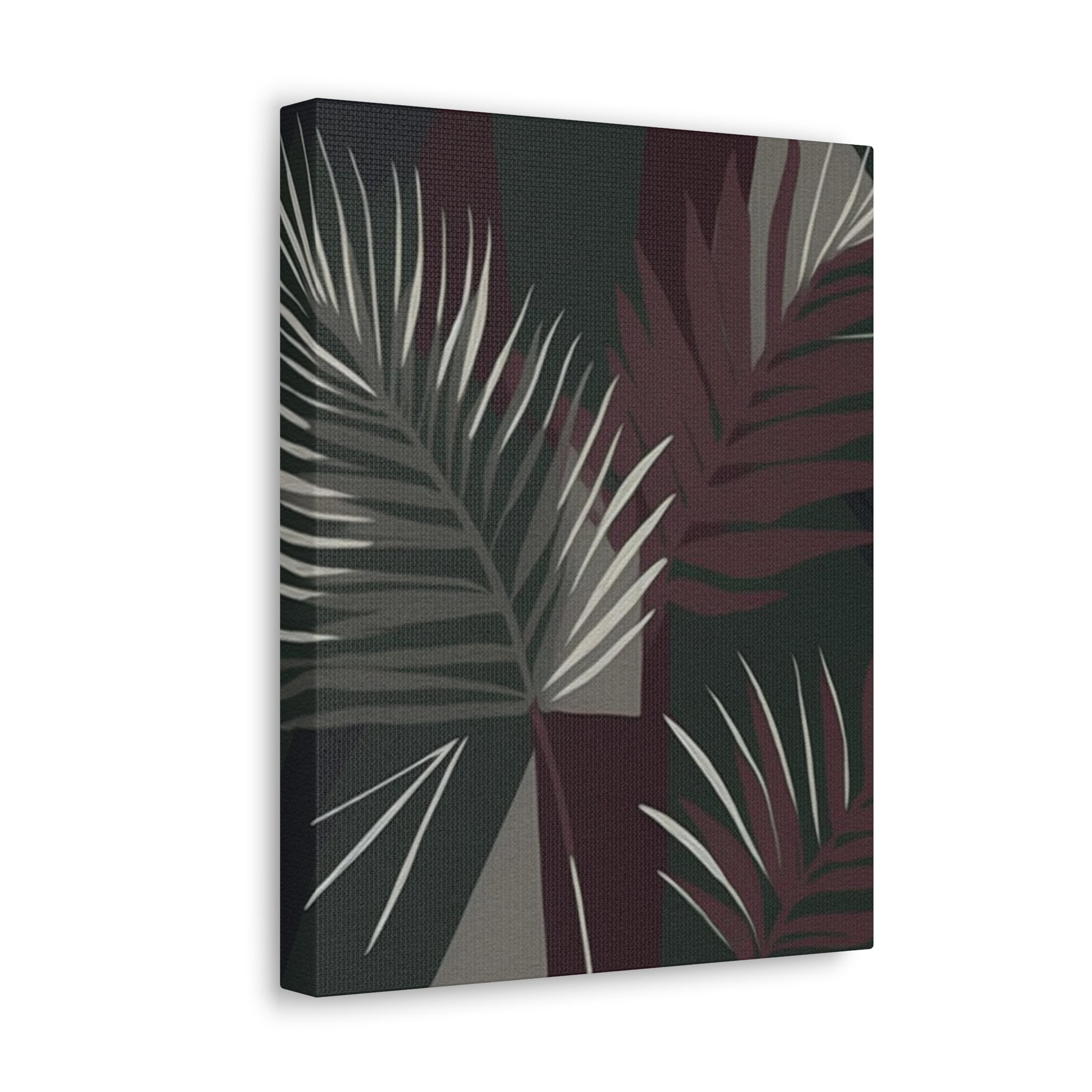 Canvas print artwork featuring palm tree leaves in maroon and green colors, showcasing a minimalist design perfect for home decor.
